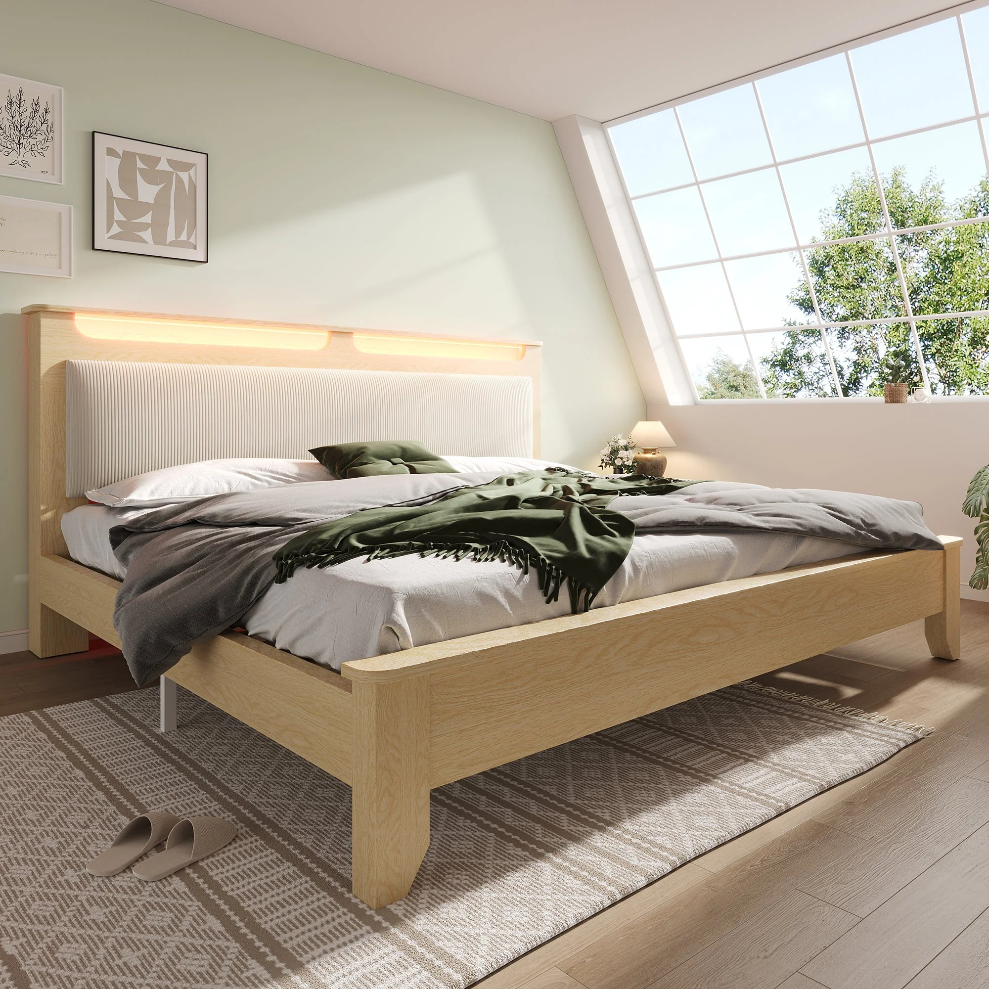 Double Wooden Bed 140x200cm, LED Headboard & Storage, Light Oak