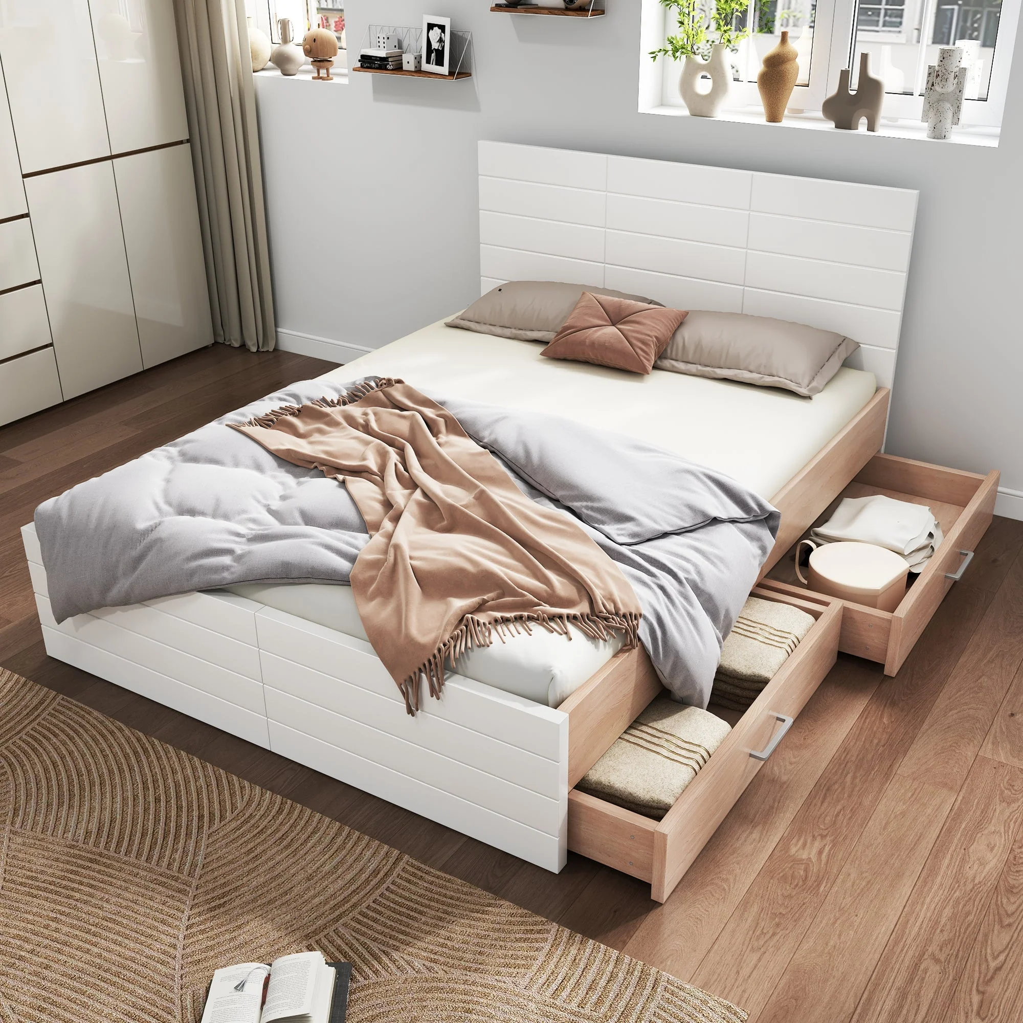 Double Wooden Bed, 140x200cm with 2 Drawers, Oak/White - Image 6