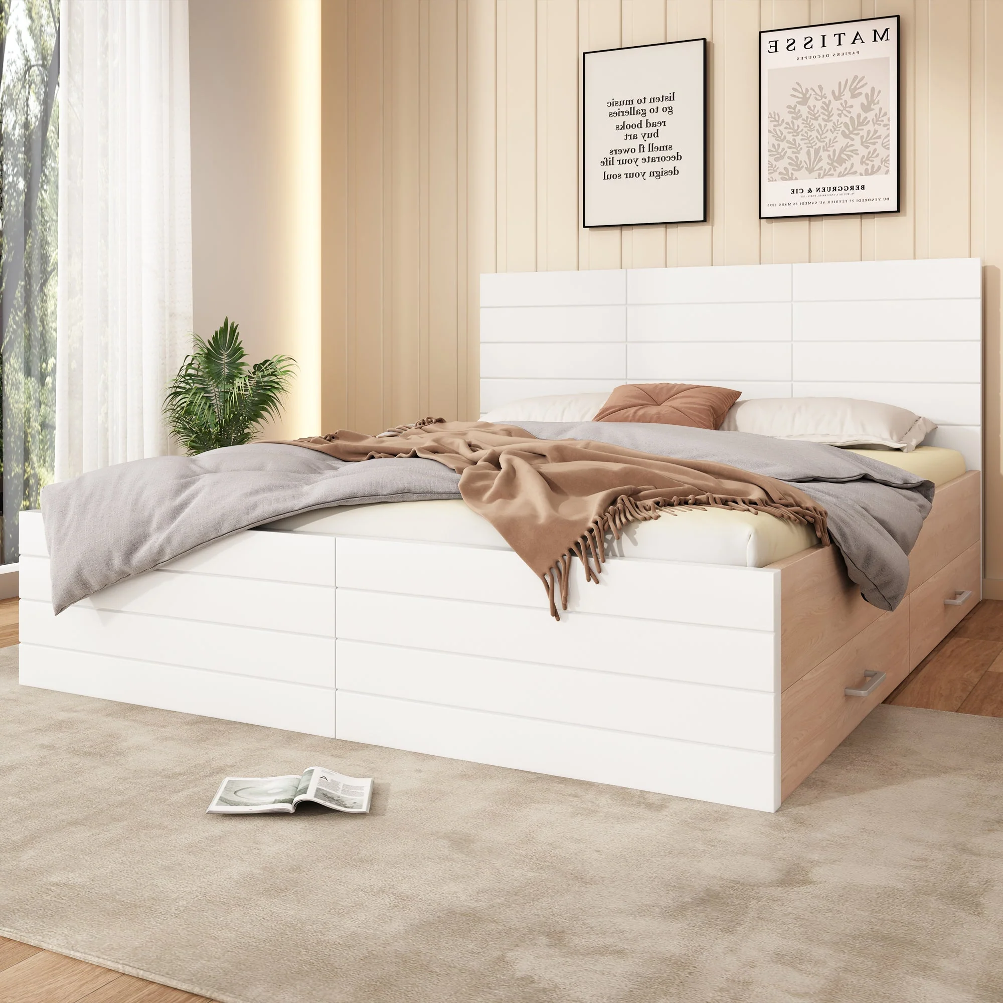 Double Wooden Bed, 140x200cm with 2 Drawers, Oak/White - Image 9