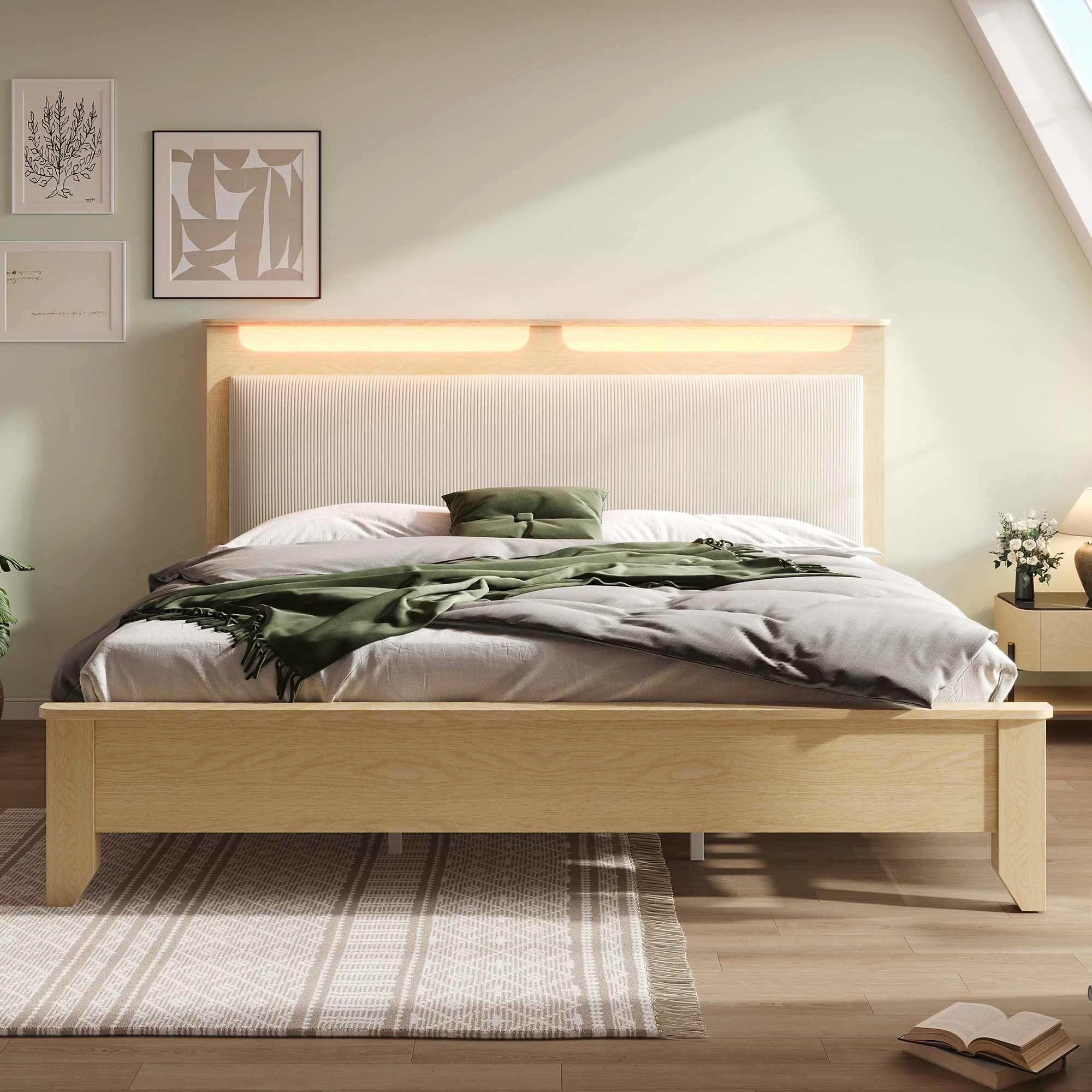 Double Wooden Bed, 160x200cm, Headboard Storage, LED, Light Oak - Image 8