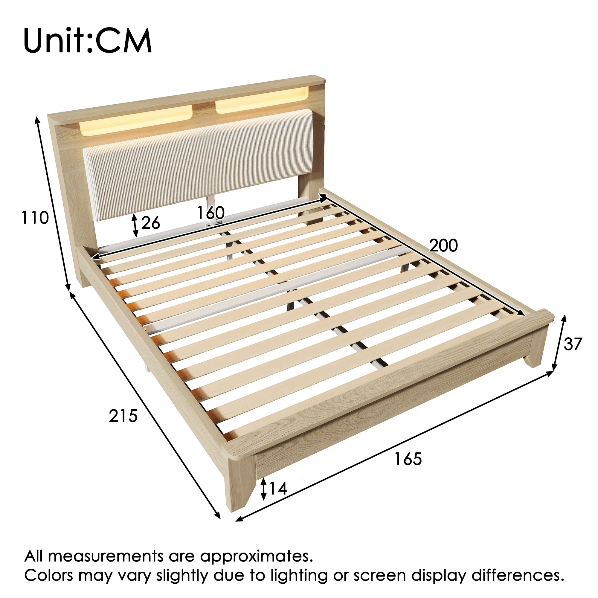 Double Wooden Bed, 160x200cm LED Headboard with Storage, Light Oak - Image 3