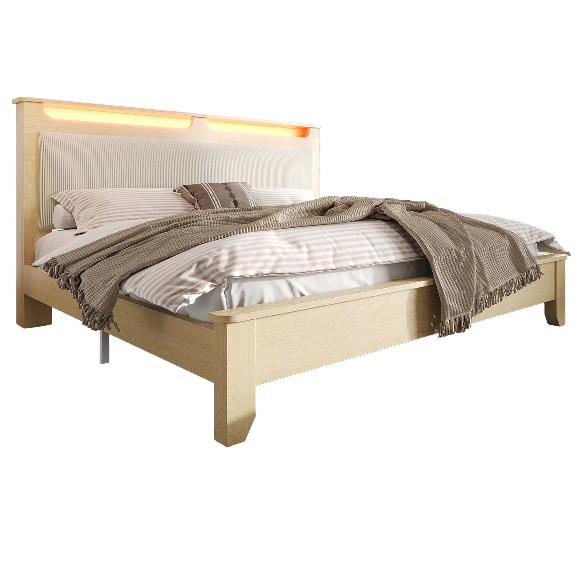 Double Wooden Bed, 160x200cm LED Headboard with Storage, Light Oak - Image 7