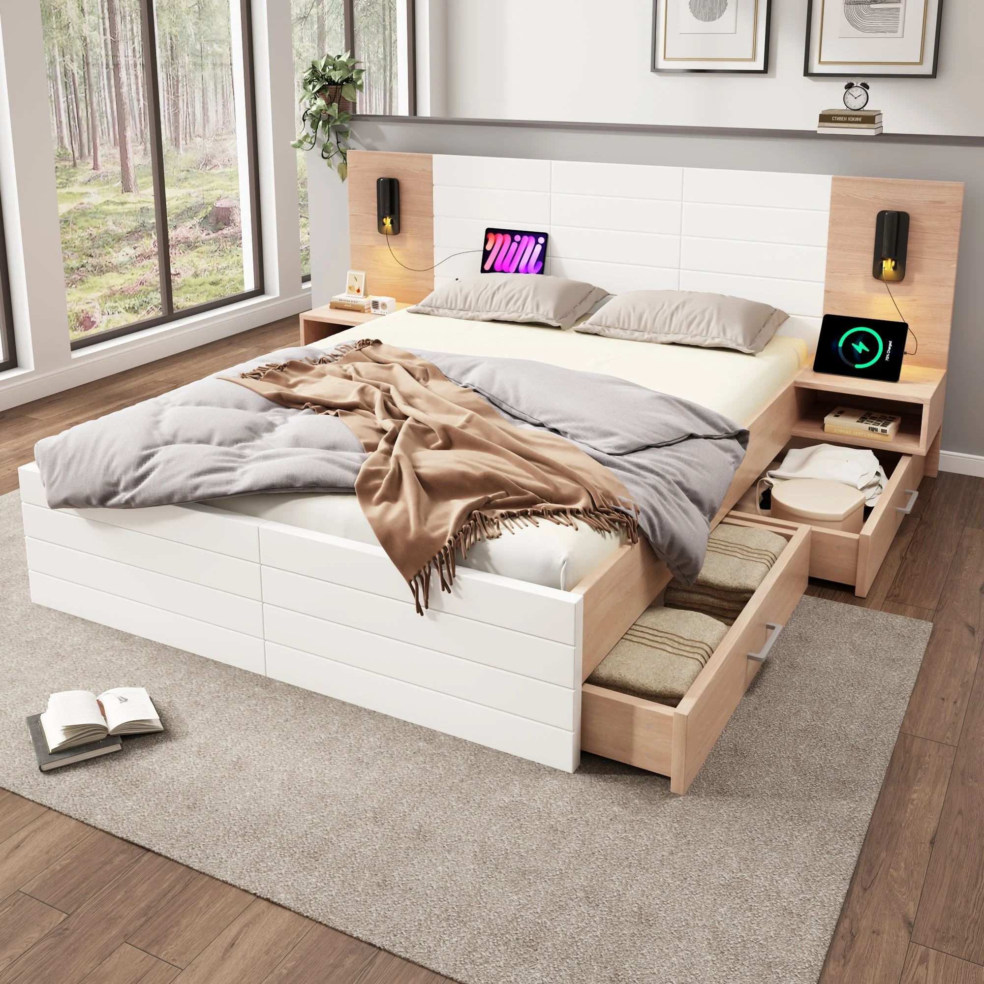 Double Wooden Bed, 160x200cm with 2 Drawers, Reading Light & USB, Oak/White