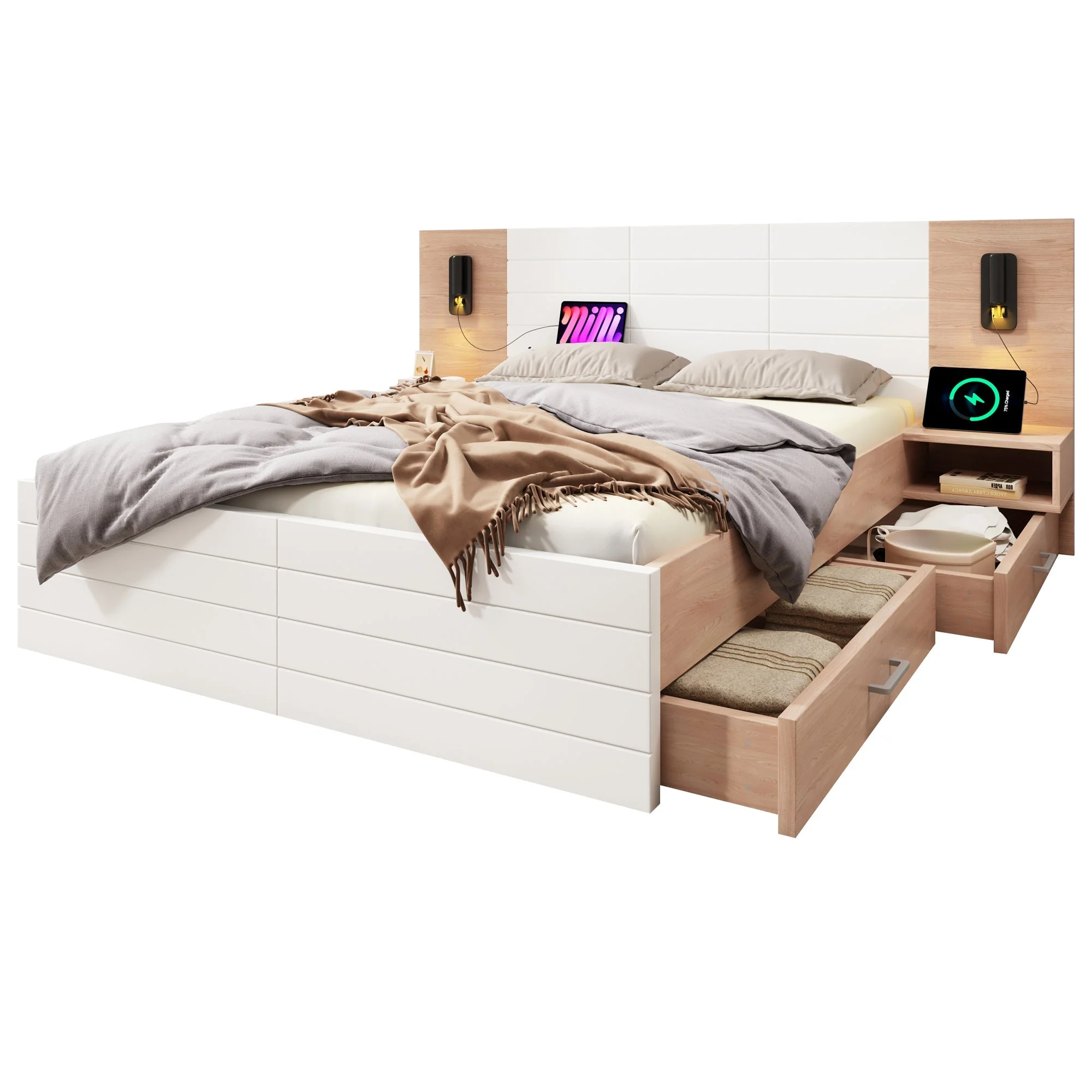 Double Wooden Bed, 160x200cm with 2 Drawers, Reading Light & USB, Oak/White - Image 7