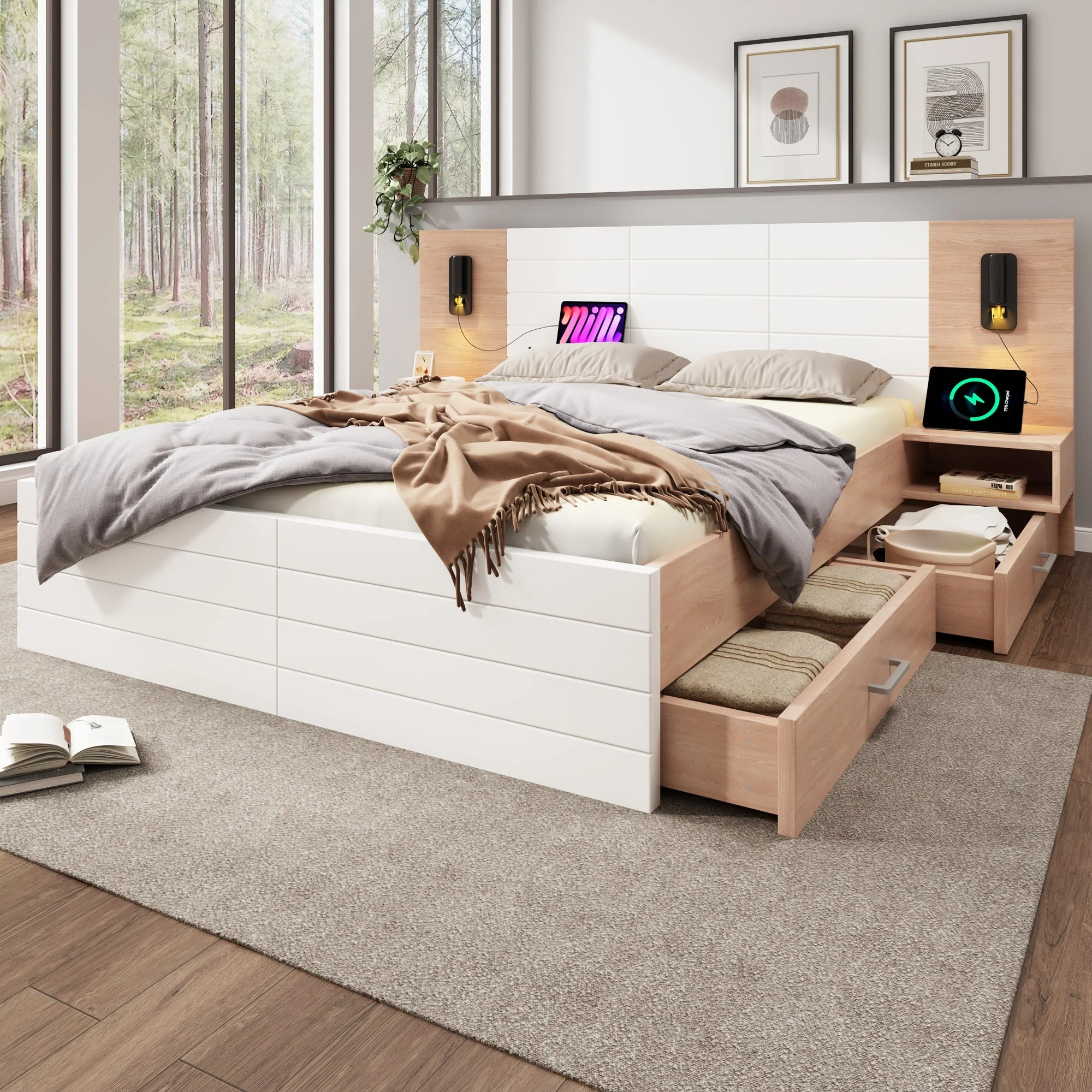Double Wooden Bed, 180x200cm with 2 Drawers & USB Reading Light, Oak/White - Image 10