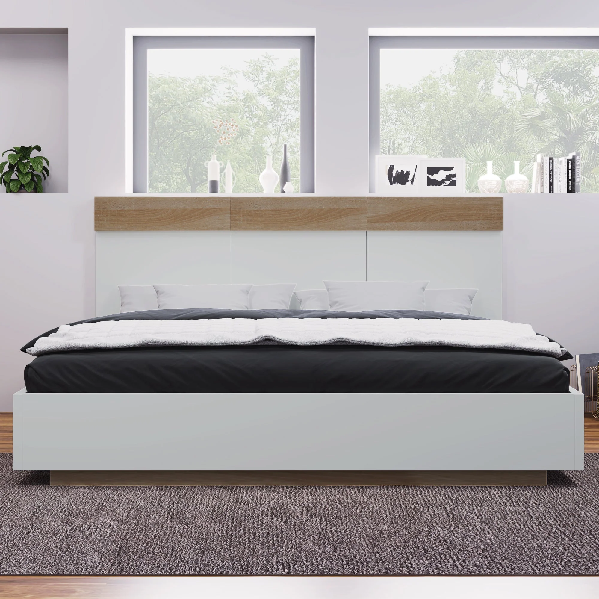 Double Wooden Bed, Floating Headboard Slatted Base 205x184x90.5cm, Sonoma Oak/White - Image 8