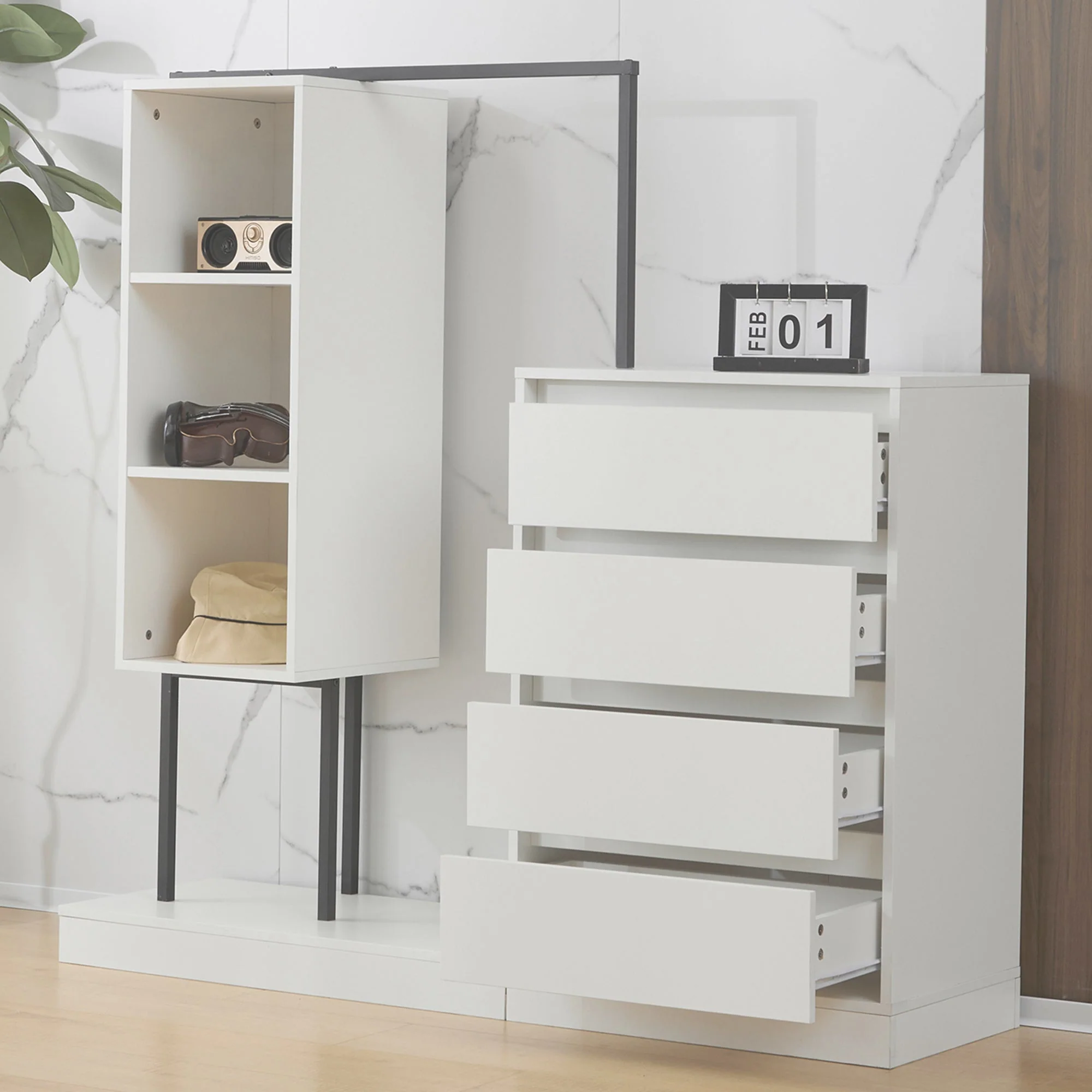 Drawer Cabinet Wardrobe Set Sideboard Clothes Rail W140/W40/H135 White - Image 4