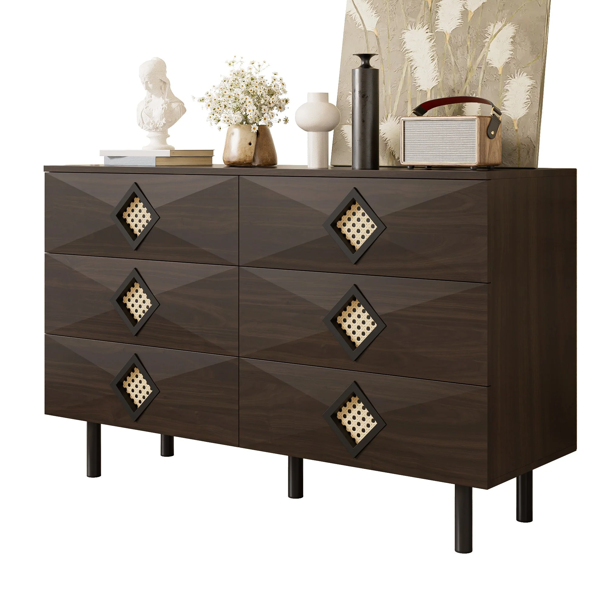 Dressing Table, 6-Drawer with Rattan Handle, Elegant for Bedroom & Living Room - Image 2