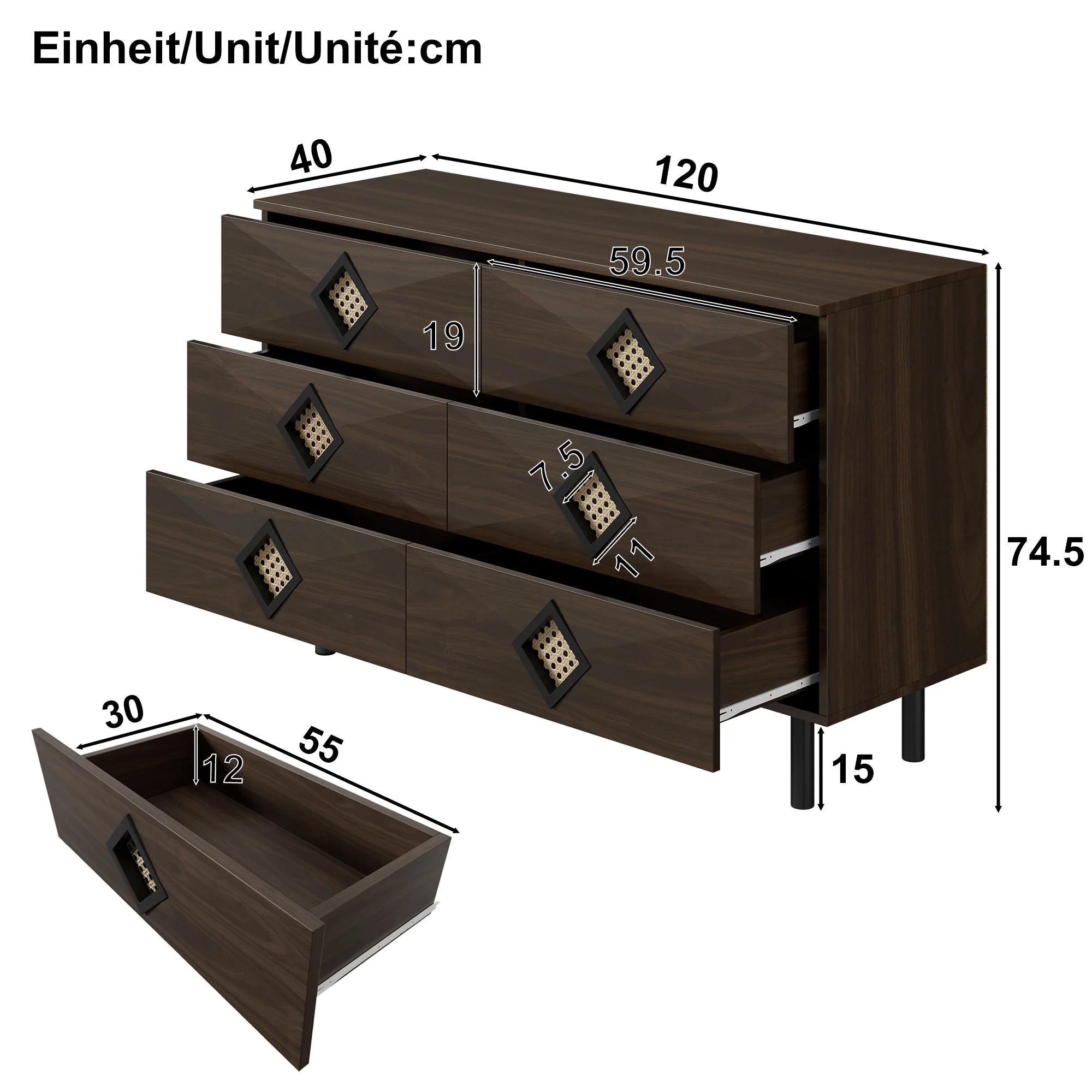 Dressing Table, 6-Drawer with Rattan Handle, Elegant for Bedroom & Living Room - Image 5