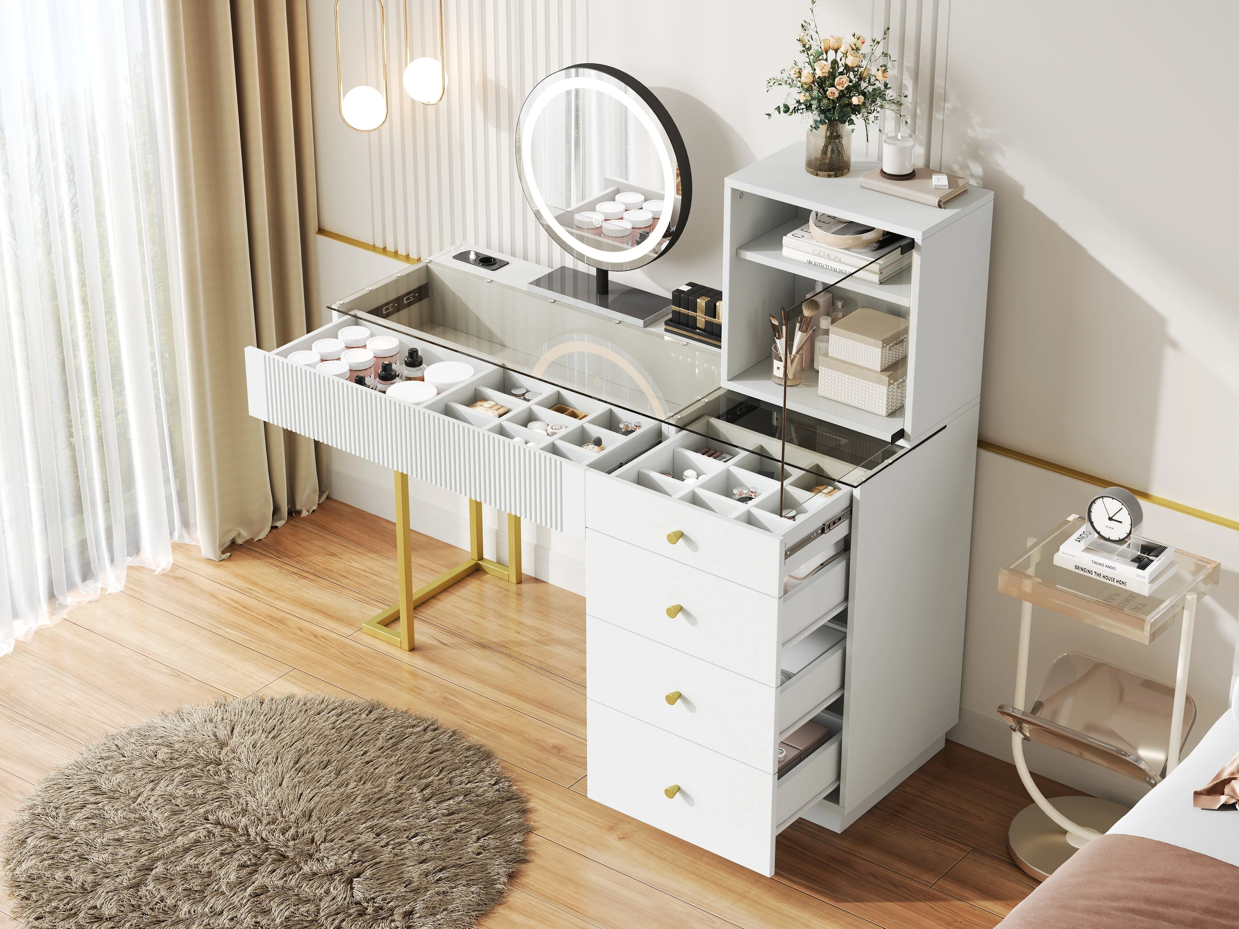 Dressing Table Set with LED Mirror and Glass Top, White - Image 5