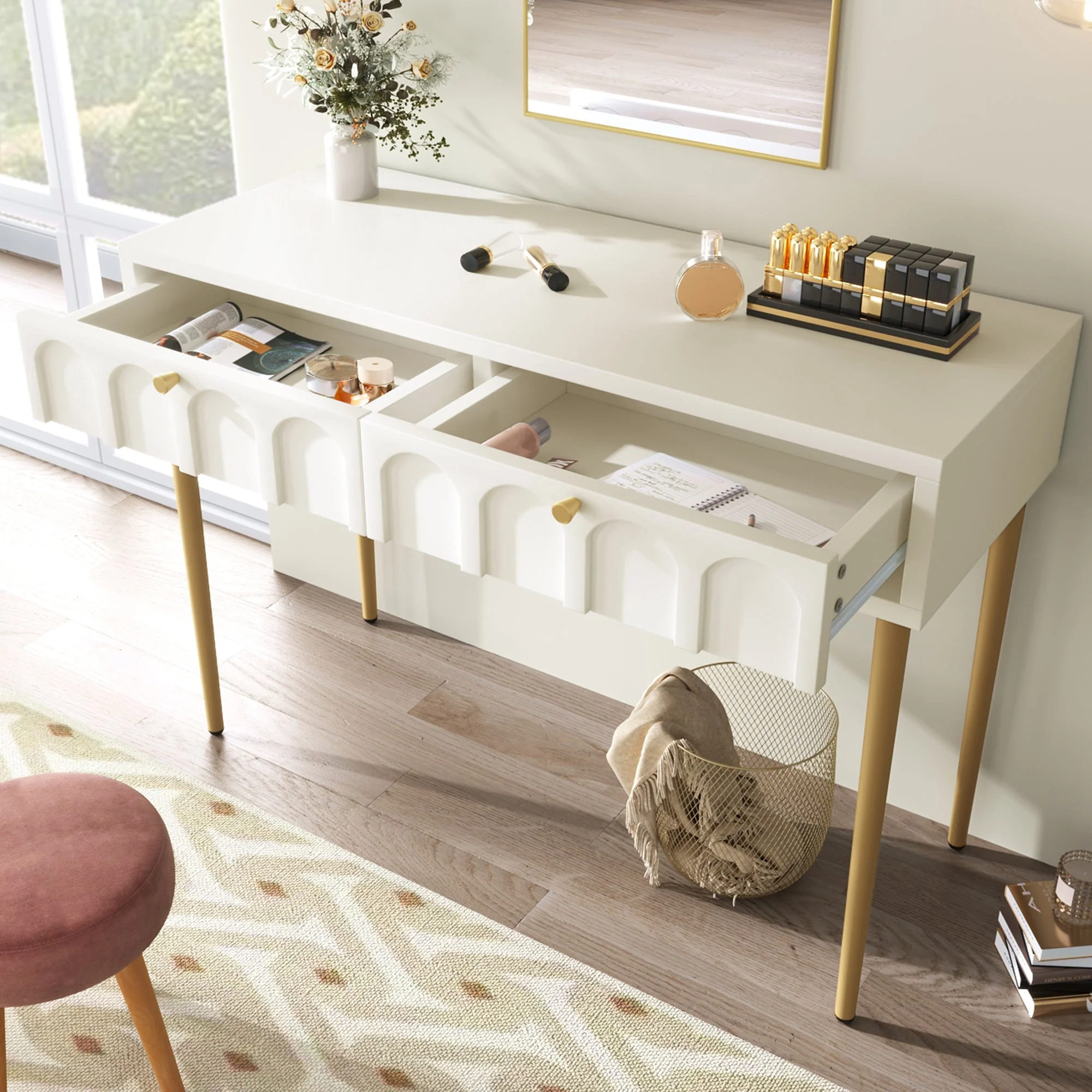 Dressing Table with 2 Drawers 76.5cm High, Cream-White Particle Board - Image 3