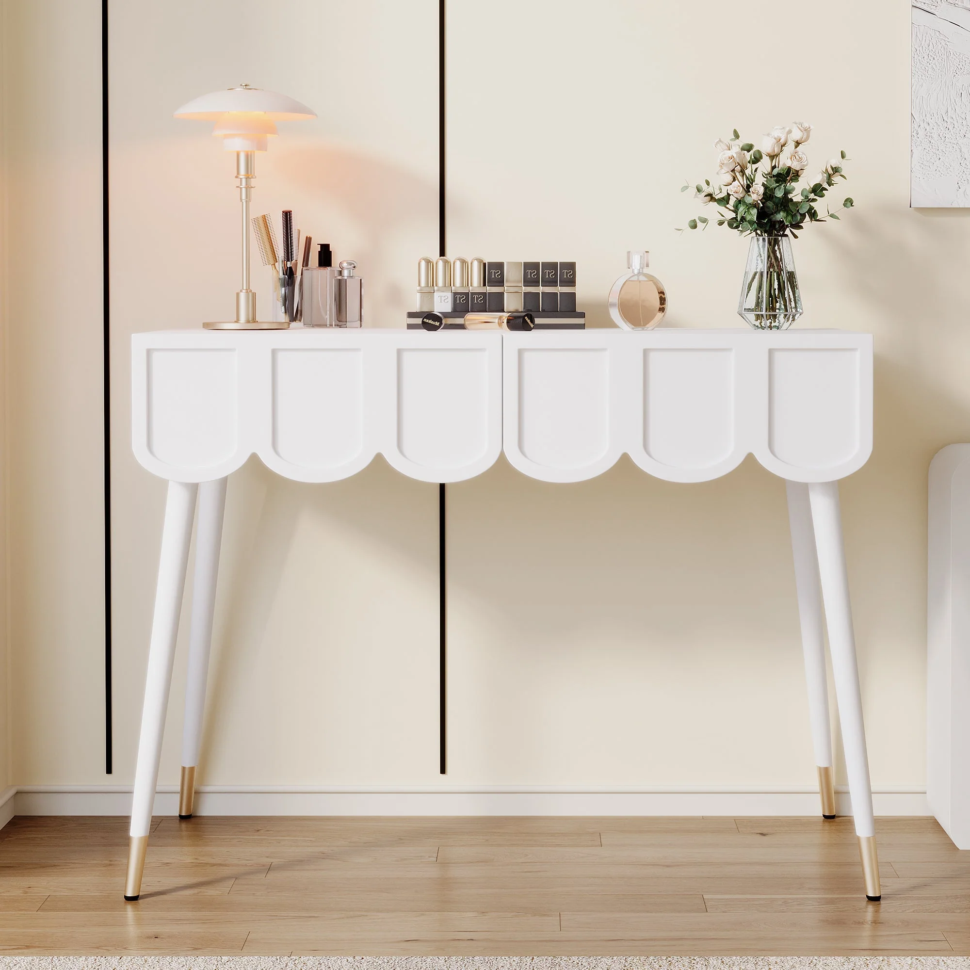 Dressing Table with 2 Drawers and Metal Legs, White - Image 2