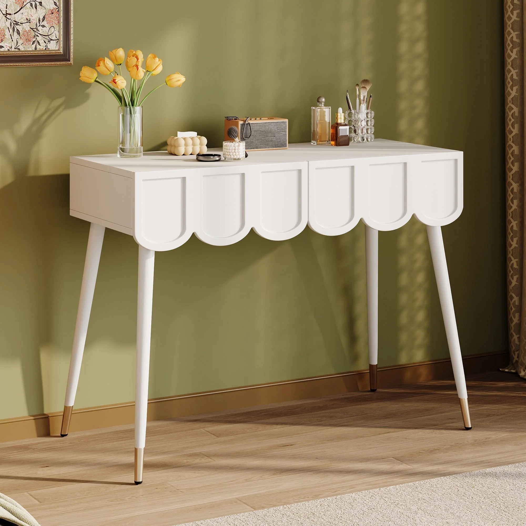 Dressing Table with 2 Drawers and Metal Legs, White - Image 7