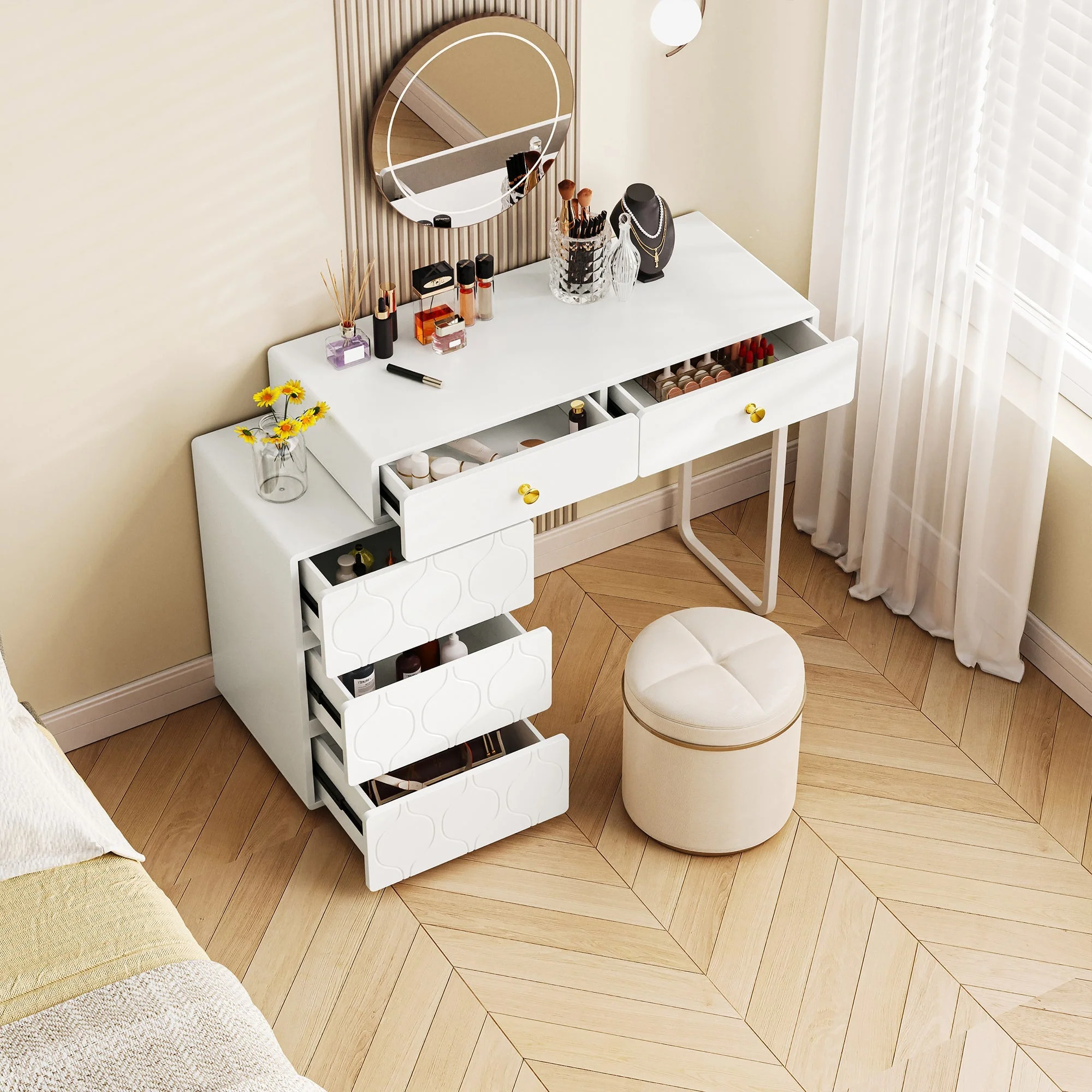 Dressing Table with 5 Drawers and Interchangeable Cabinet, 90x40x73.5cm, White Wood - Image 4