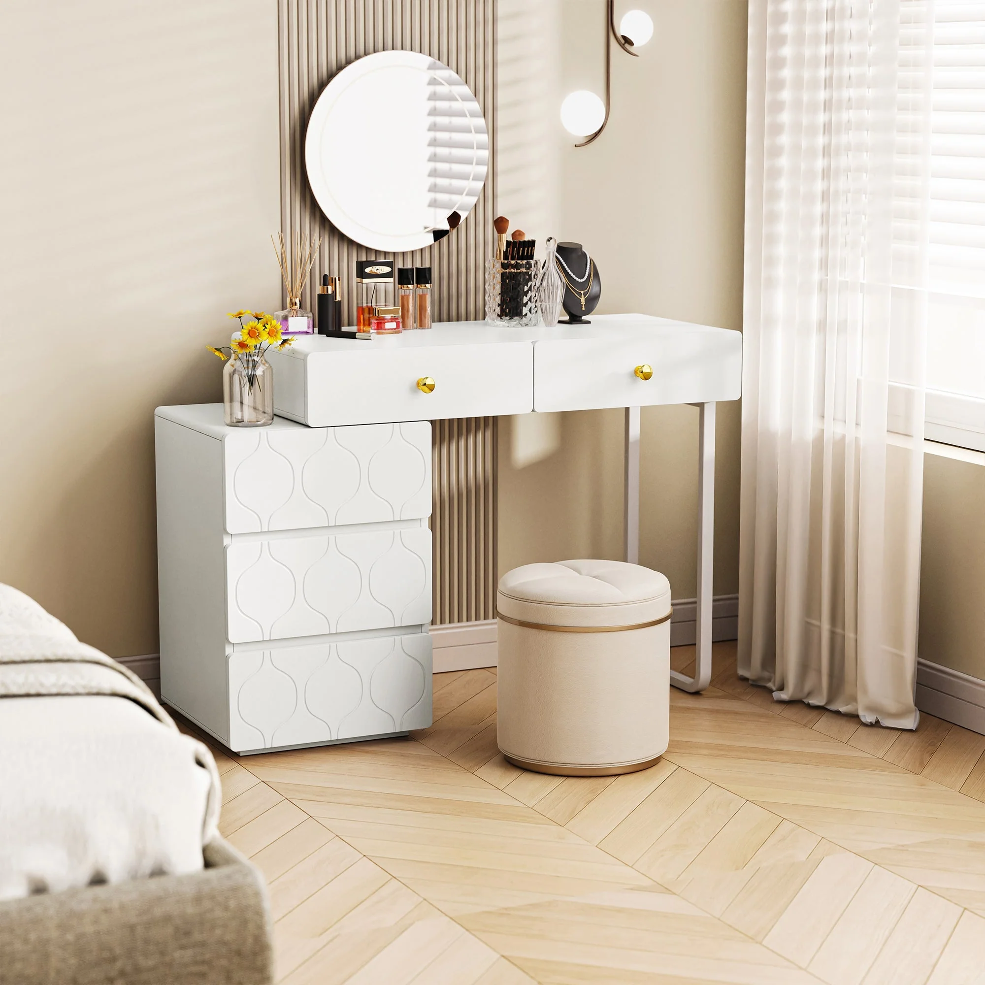 Dressing Table with 5 Drawers and Interchangeable Cabinet, 90x40x73.5cm, White Wood - Image 5