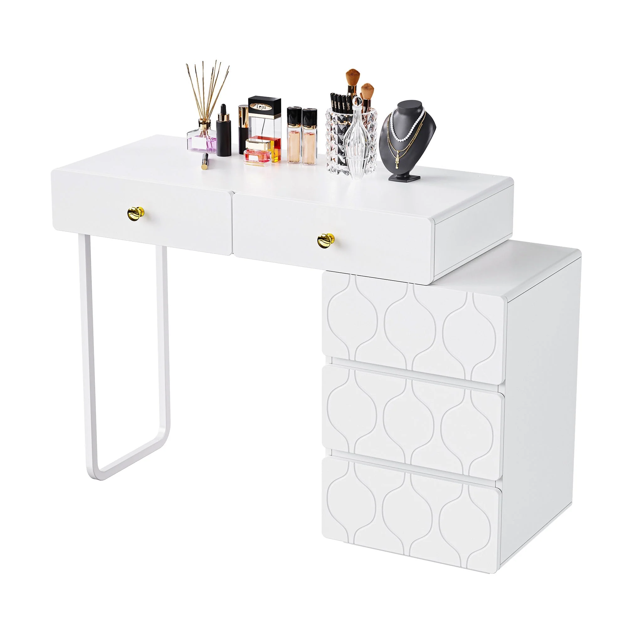 Dressing Table with 5 Drawers and Interchangeable Cabinet, 90x40x73.5cm, White Wood - Image 9