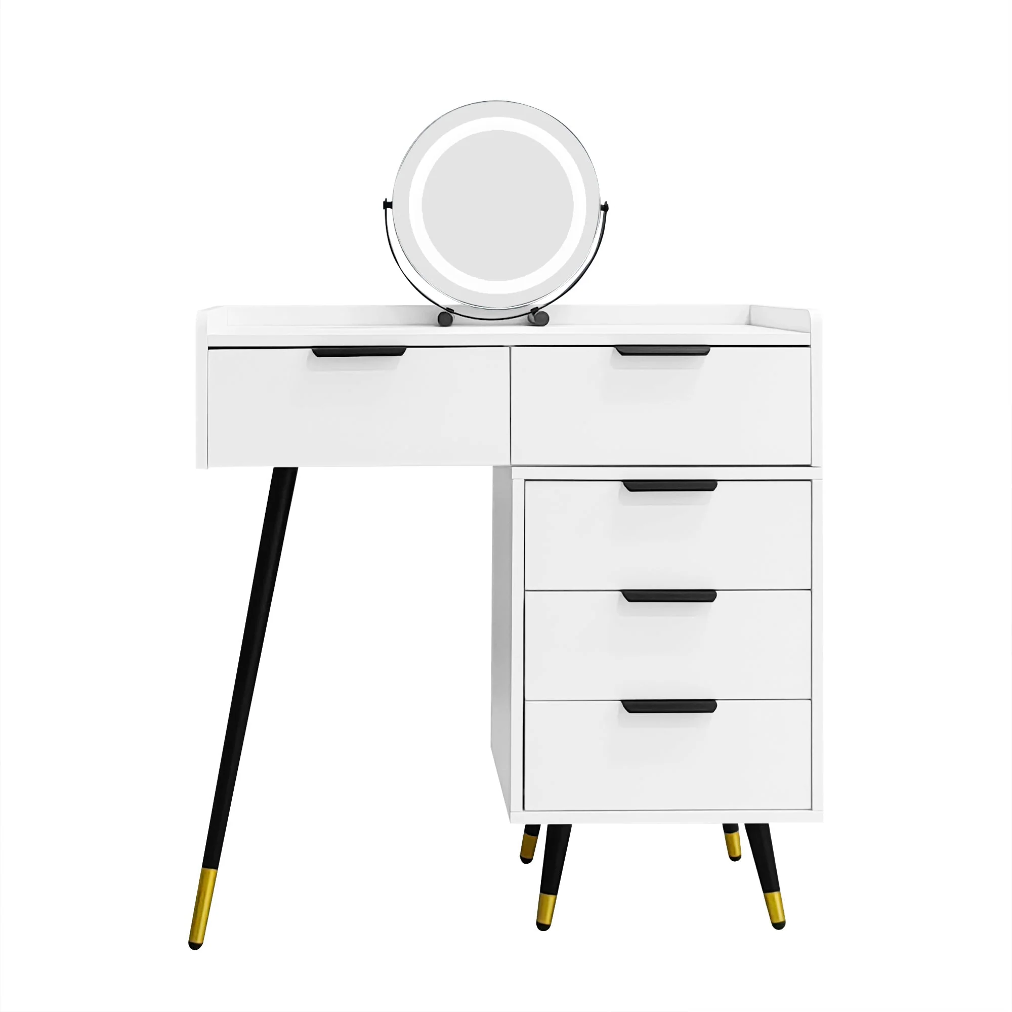 Dressing Table with Adjustable LED Mirror, 5 Drawers and Pull-out Side Cabinets, White Wood - Image 9