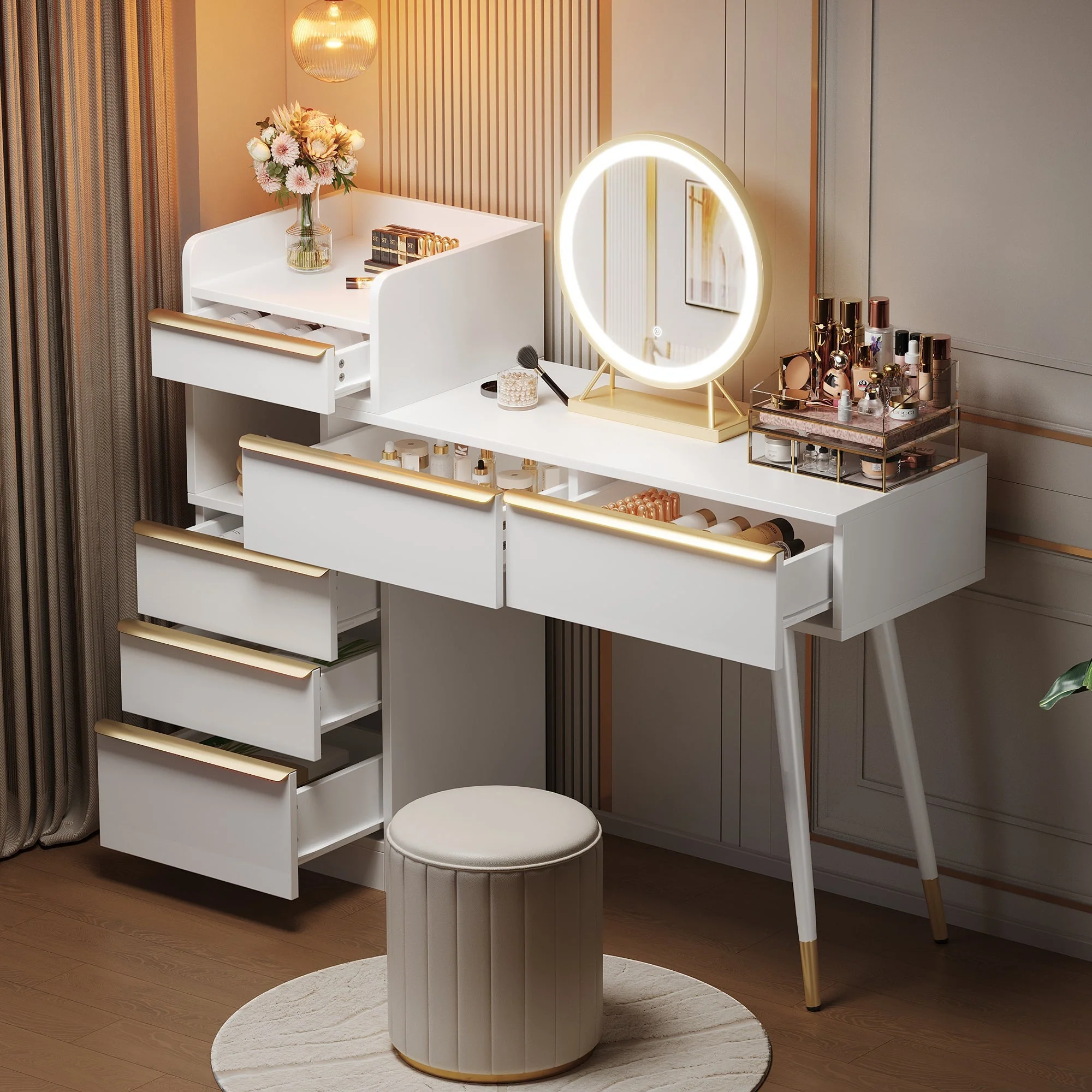 Dressing table with extendable tabletop, 6 drawers, gold handles, LED mirror, dimmable light, white - Image 2