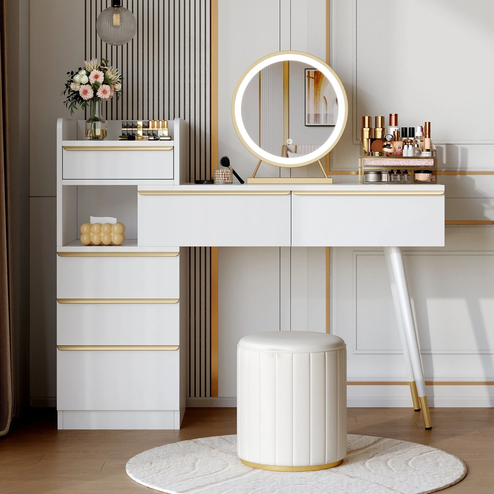 Dressing table with extendable tabletop, 6 drawers, gold handles, LED mirror, dimmable light, white - Image 3