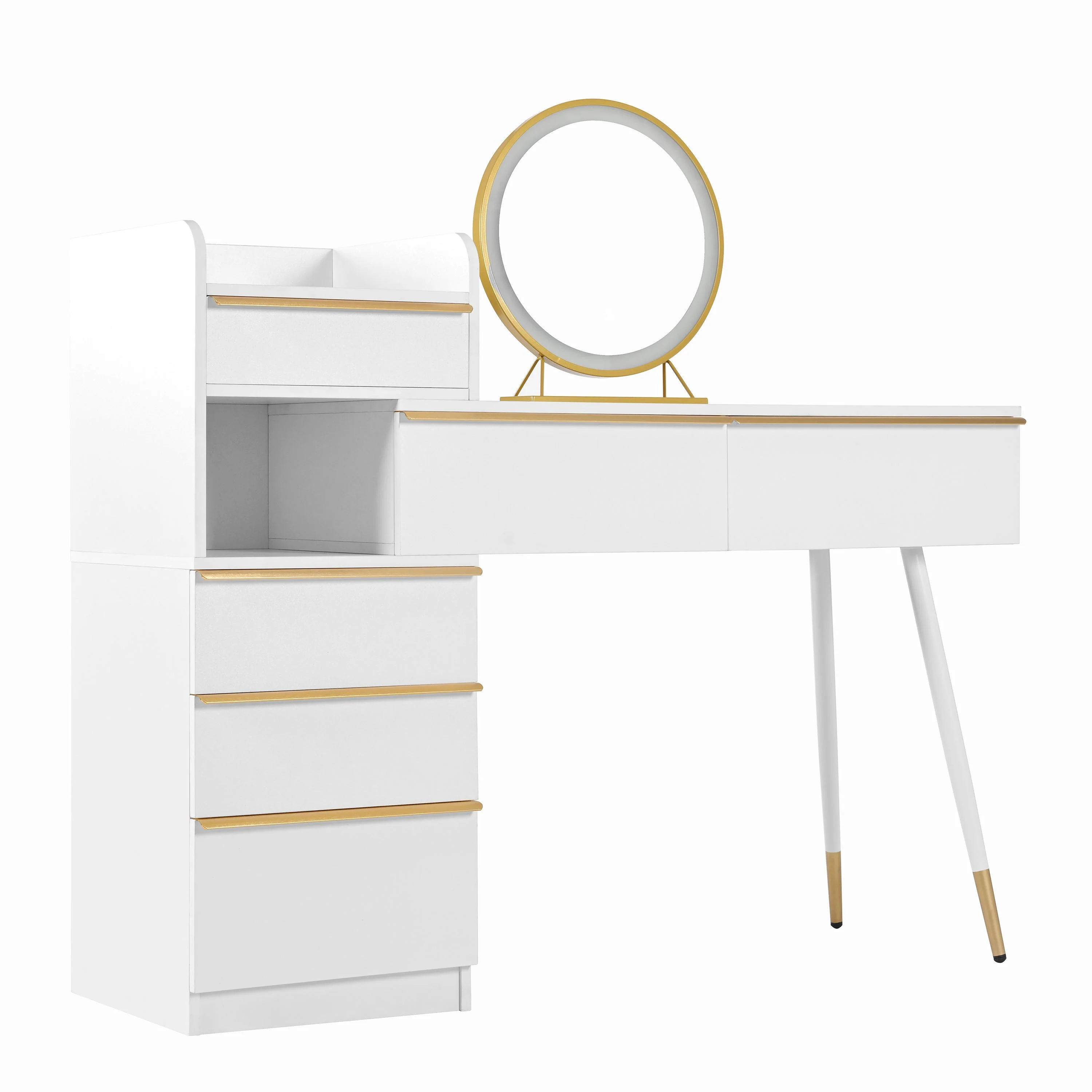 Dressing table with extendable tabletop, 6 drawers, gold handles, LED mirror, dimmable light, white - Image 8