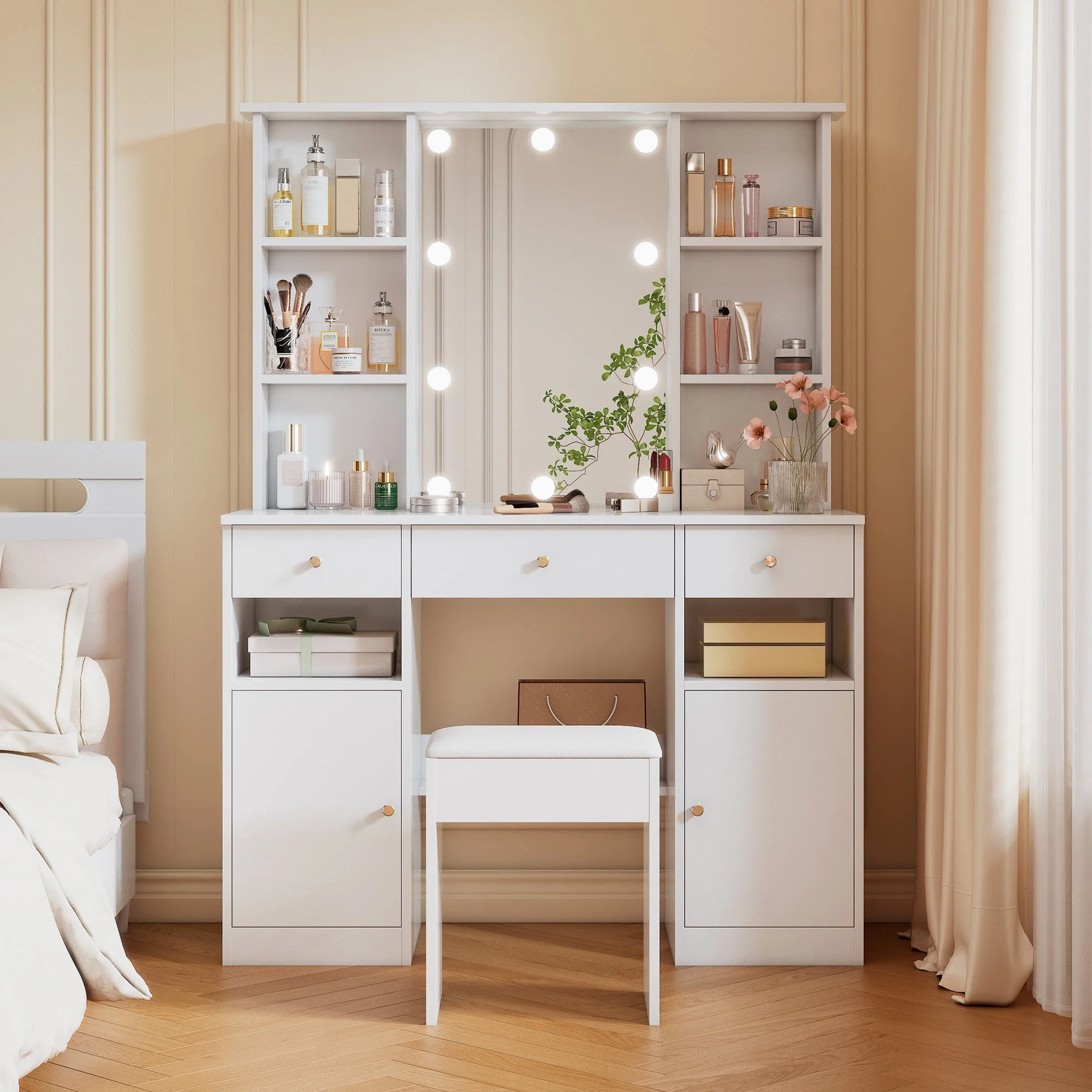 Dressing Table with LED lighting, Mirror, Stool, 3 Drawers, 2 Doors, White