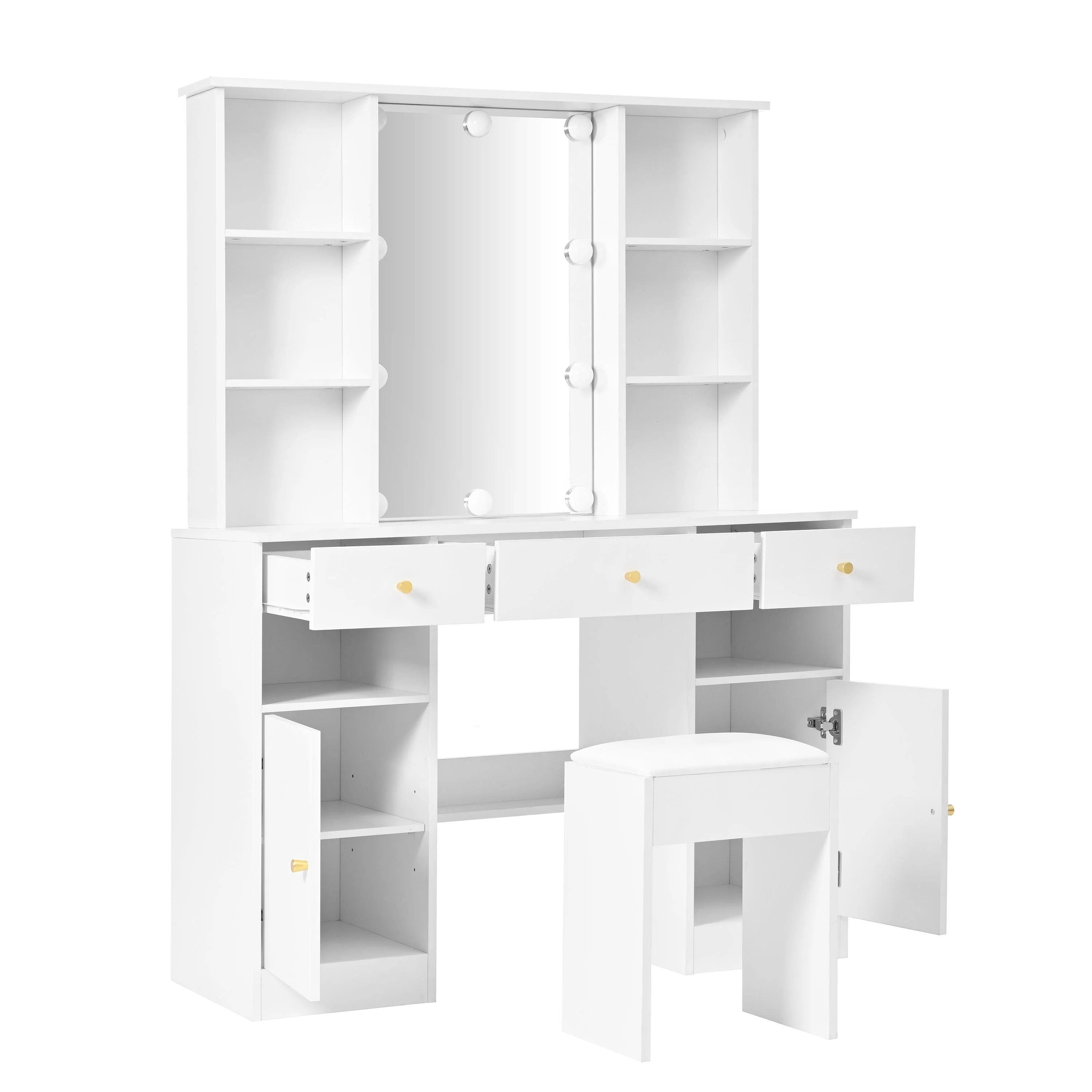 Dressing Table with LED lighting, Mirror, Stool, 3 Drawers, 2 Doors, White - Image 10