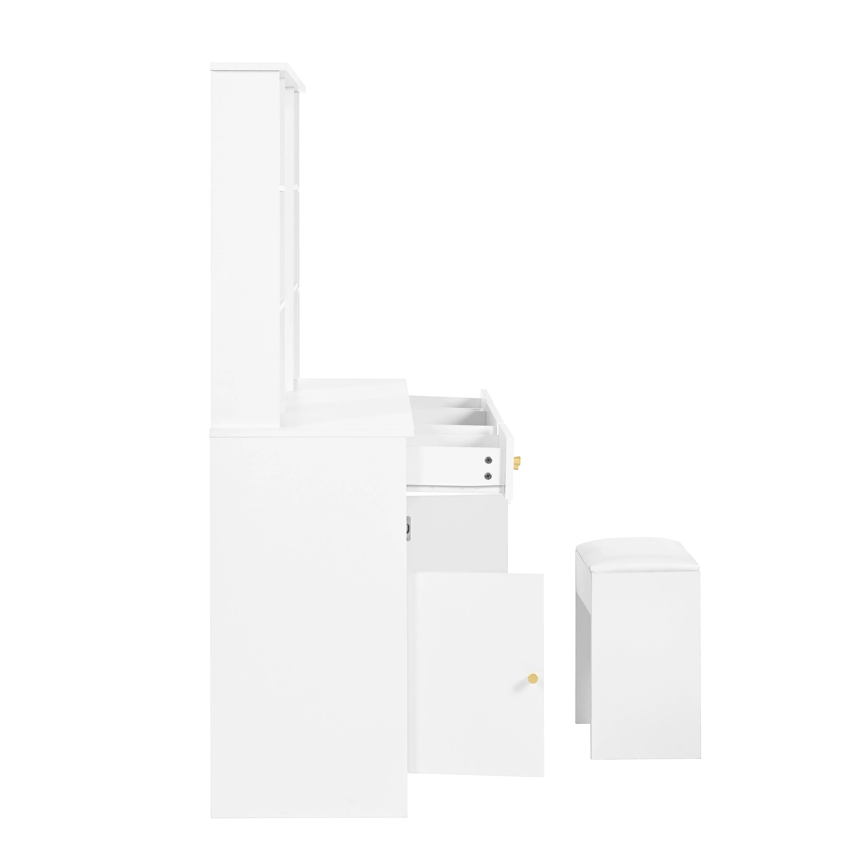 Dressing Table with LED lighting, Mirror, Stool, 3 Drawers, 2 Doors, White - Image 11