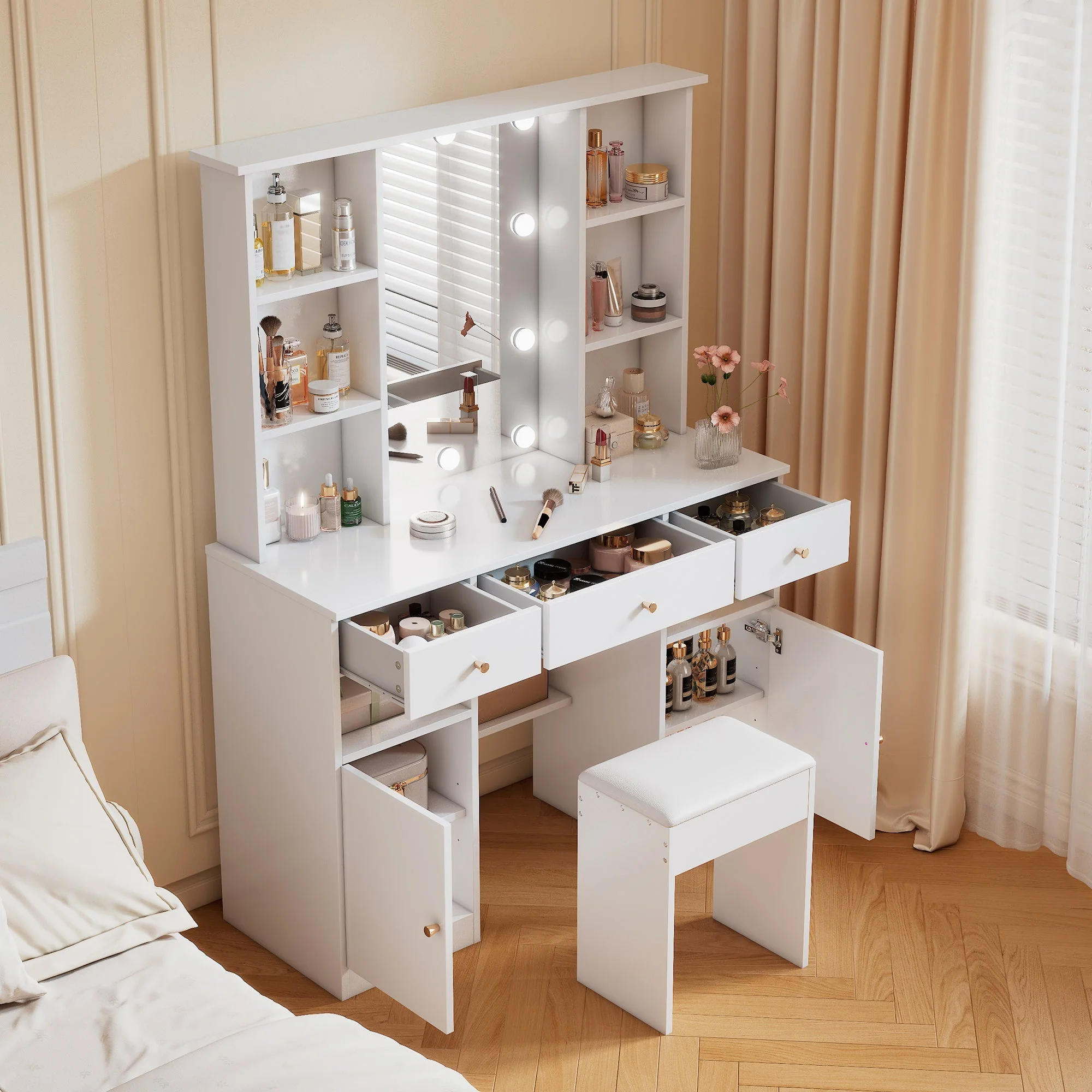 Dressing Table with LED lighting, Mirror, Stool, 3 Drawers, 2 Doors, White - Image 2