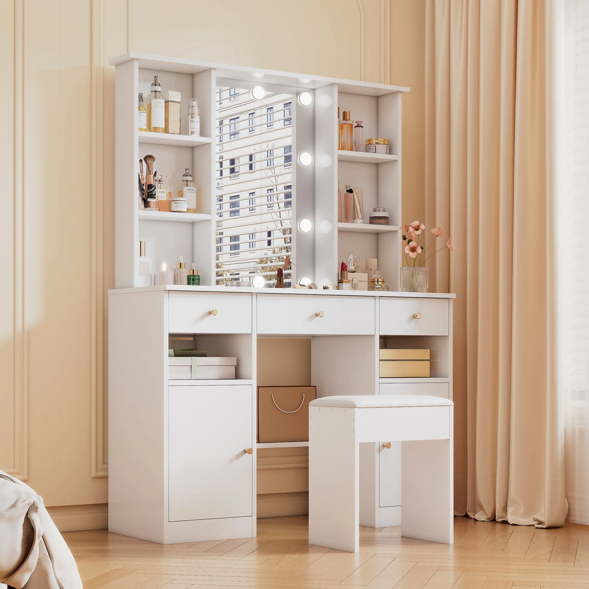 Dressing Table with LED lighting, Mirror, Stool, 3 Drawers, 2 Doors, White - Image 3