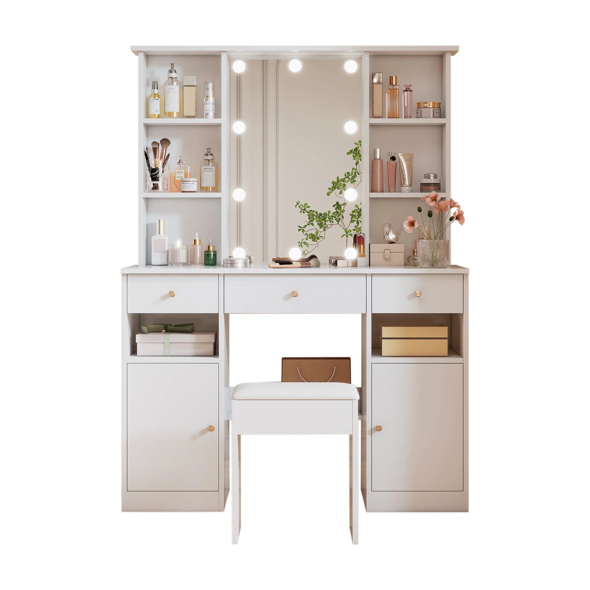 Dressing Table with LED lighting, Mirror, Stool, 3 Drawers, 2 Doors, White - Image 4