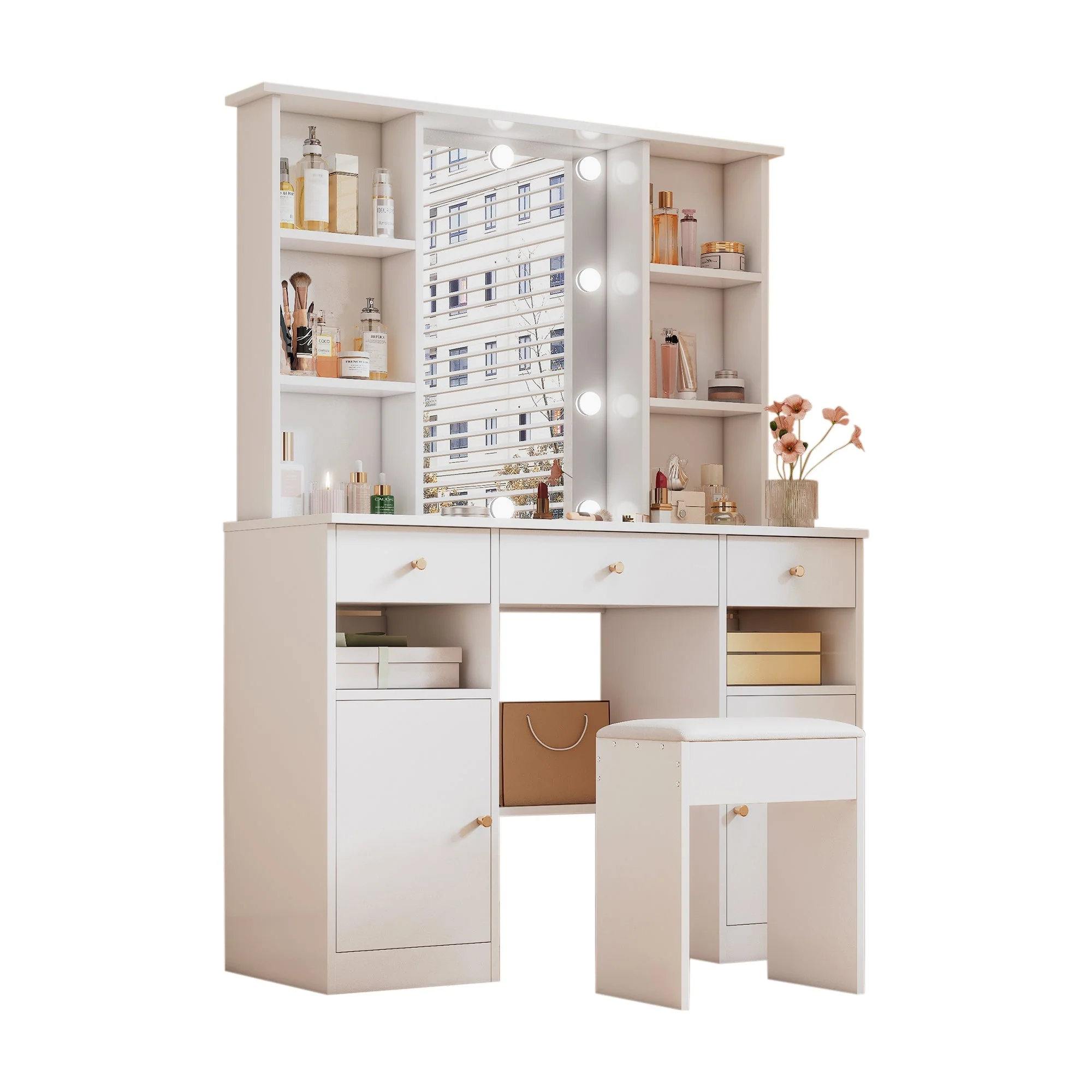 Dressing Table with LED lighting, Mirror, Stool, 3 Drawers, 2 Doors, White - Image 5