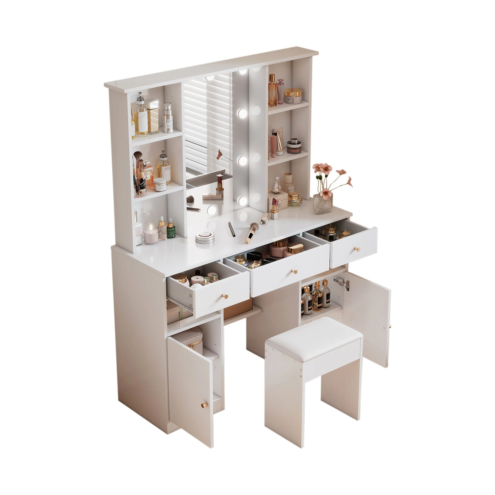 Dressing Table with LED lighting, Mirror, Stool, 3 Drawers, 2 Doors, White - Image 6