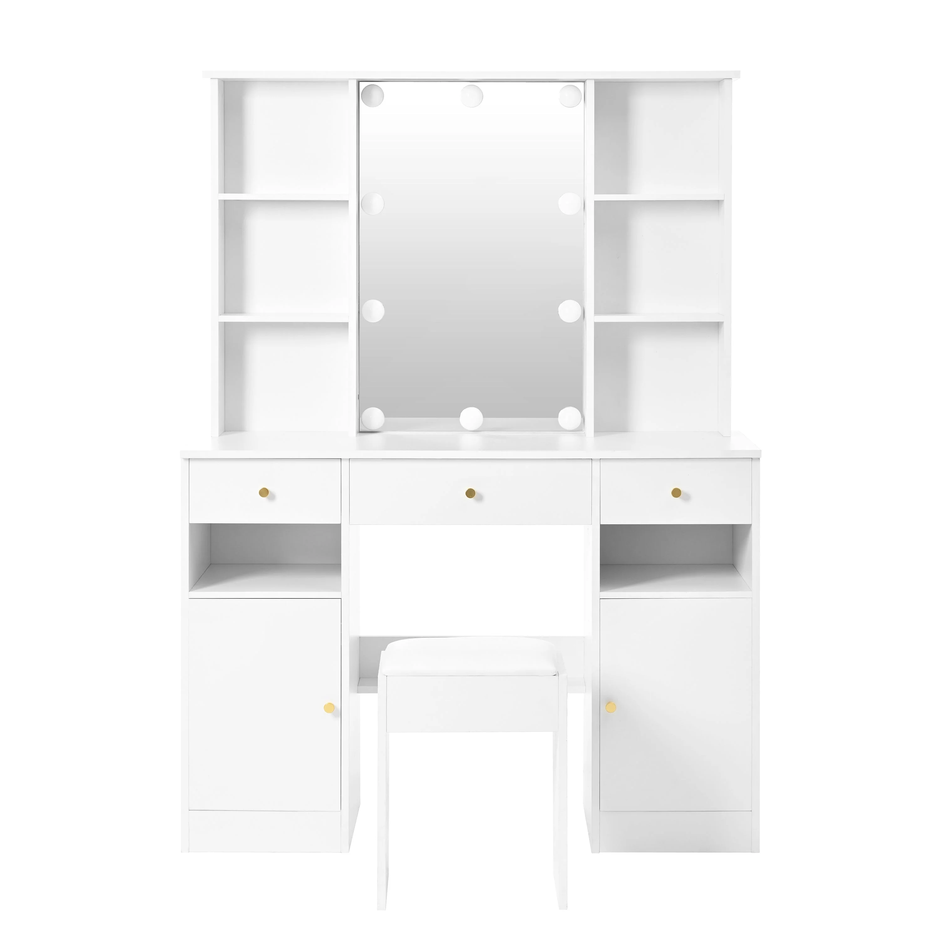 Dressing Table with LED lighting, Mirror, Stool, 3 Drawers, 2 Doors, White - Image 7