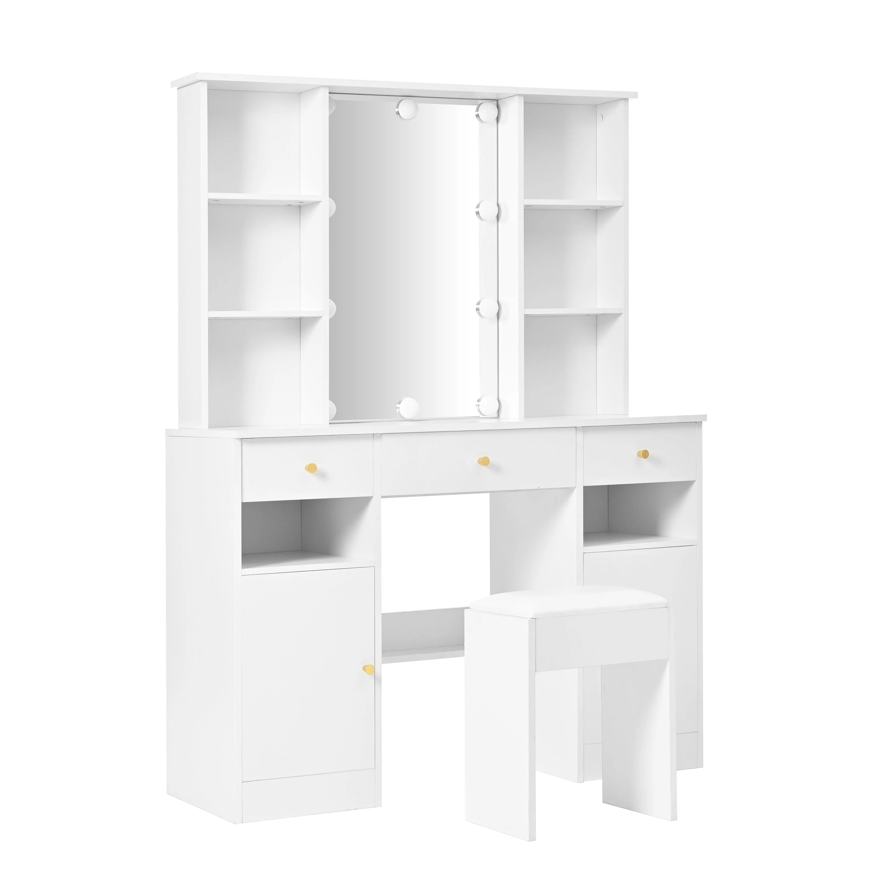 Dressing Table with LED lighting, Mirror, Stool, 3 Drawers, 2 Doors, White - Image 8