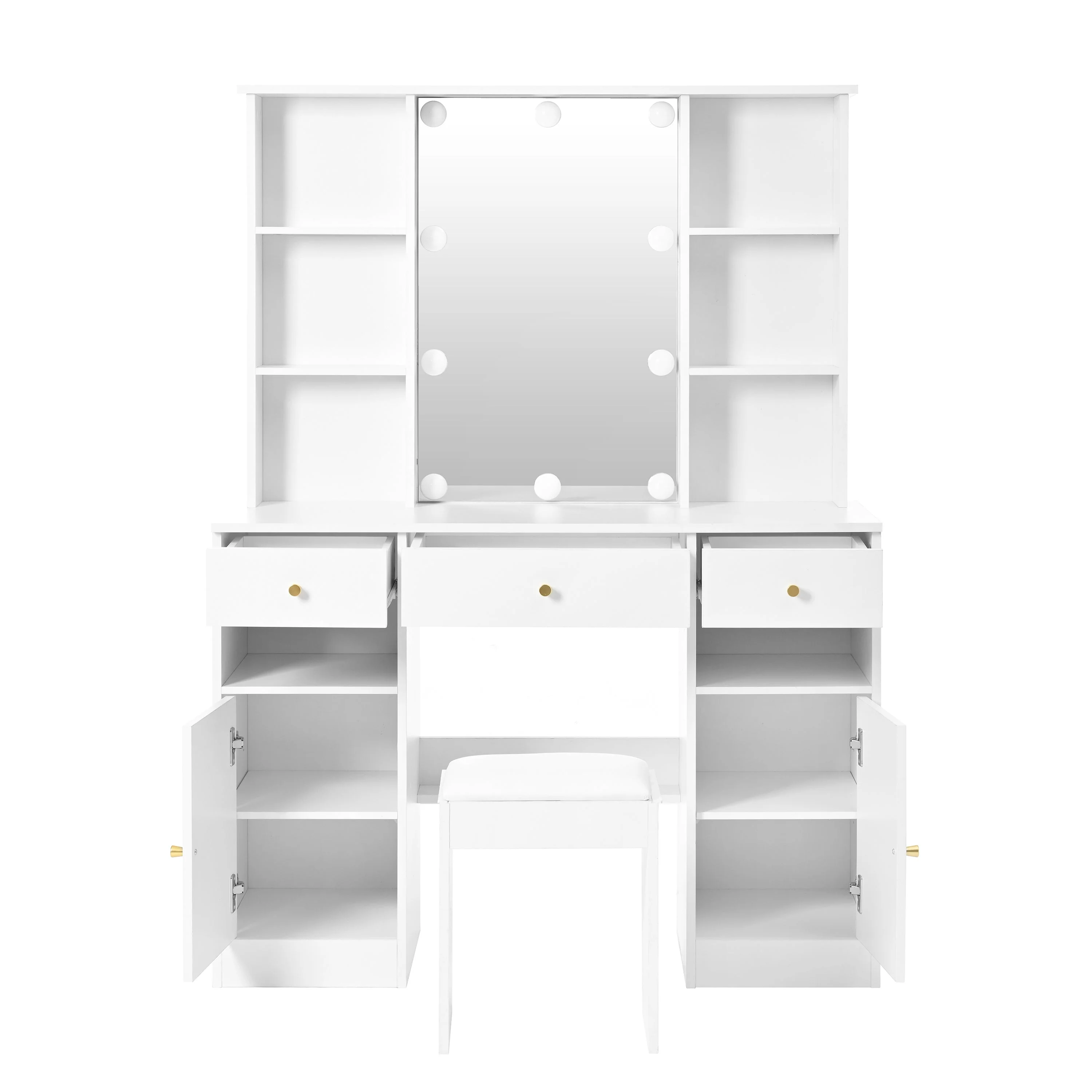 Dressing Table with LED lighting, Mirror, Stool, 3 Drawers, 2 Doors, White - Image 9