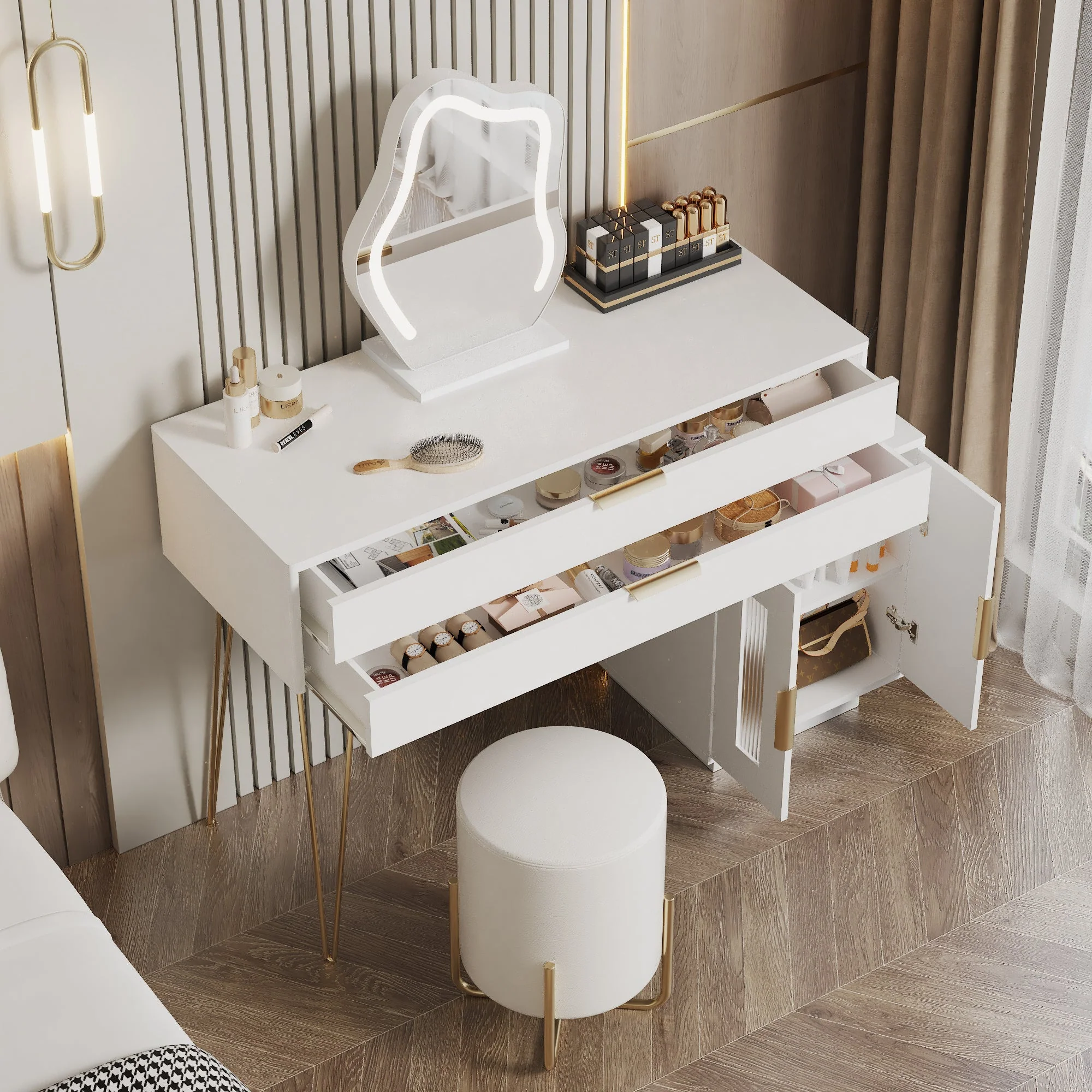 Dressing table with LED-lit mirror, extendable design, white - Image 6