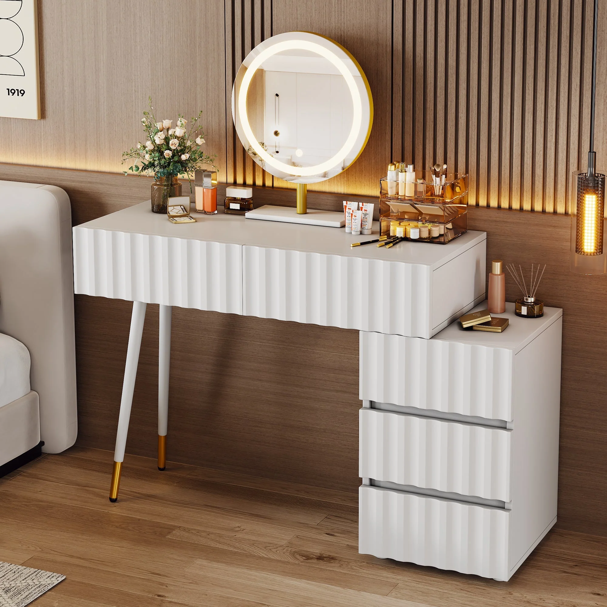 Dressing table with LED mirror and lighting, 5 spacious drawers, white - Image 3