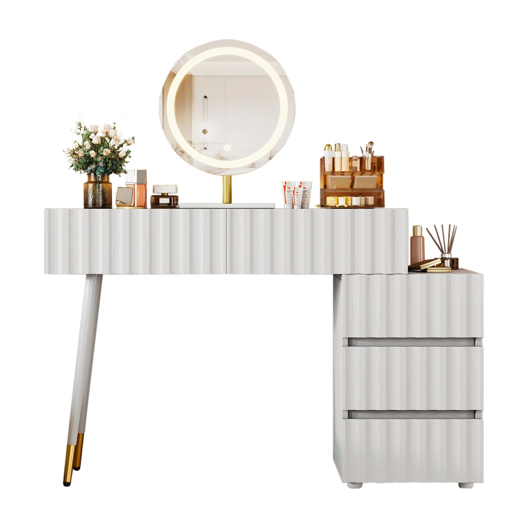 Dressing table with LED mirror and lighting, 5 spacious drawers, white - Image 4