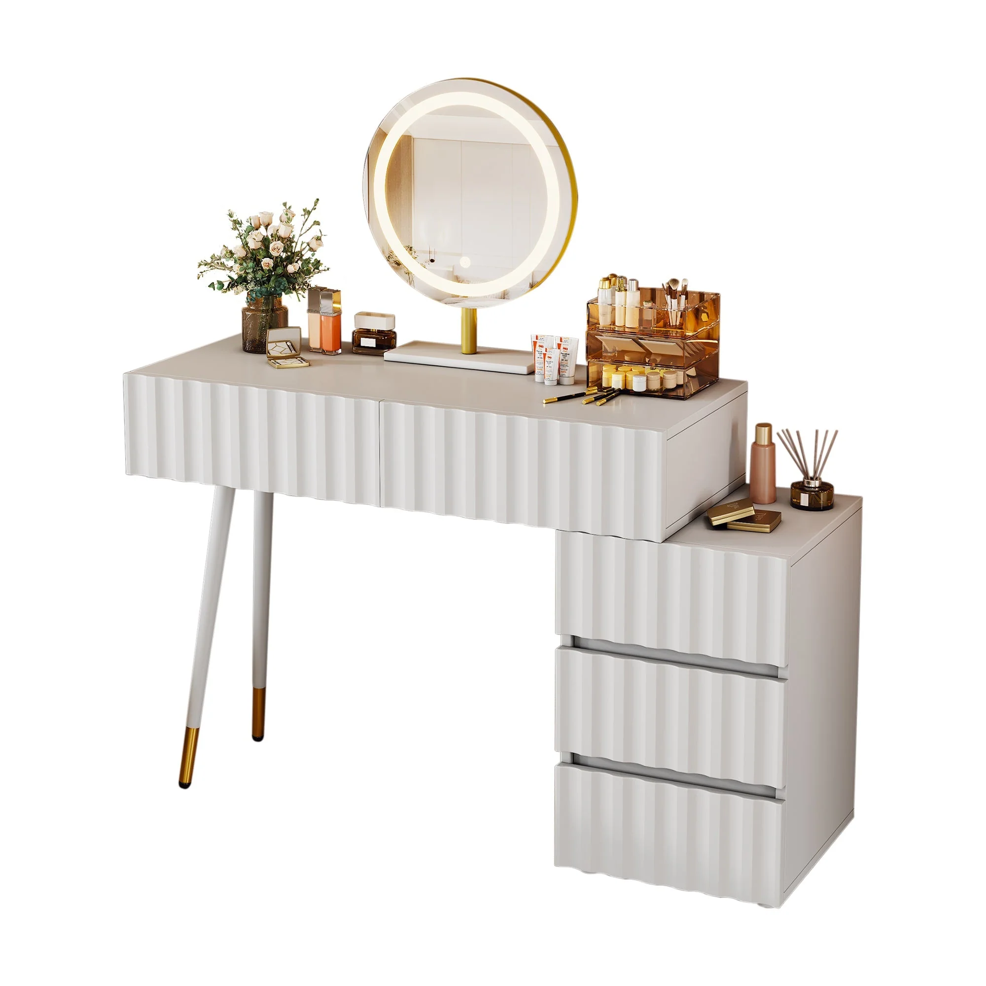 Dressing table with LED mirror and lighting, 5 spacious drawers, white - Image 5