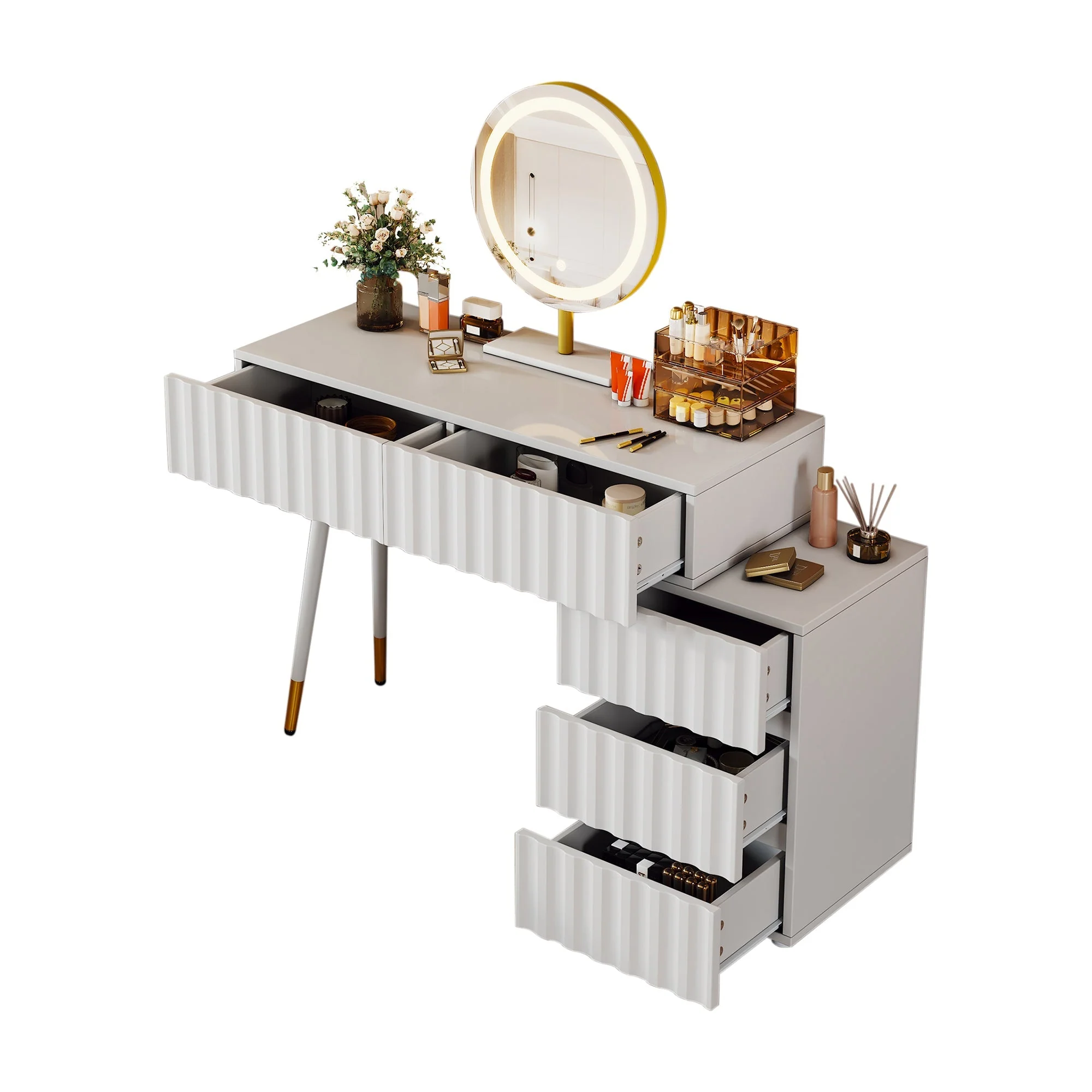 Dressing table with LED mirror and lighting, 5 spacious drawers, white - Image 6