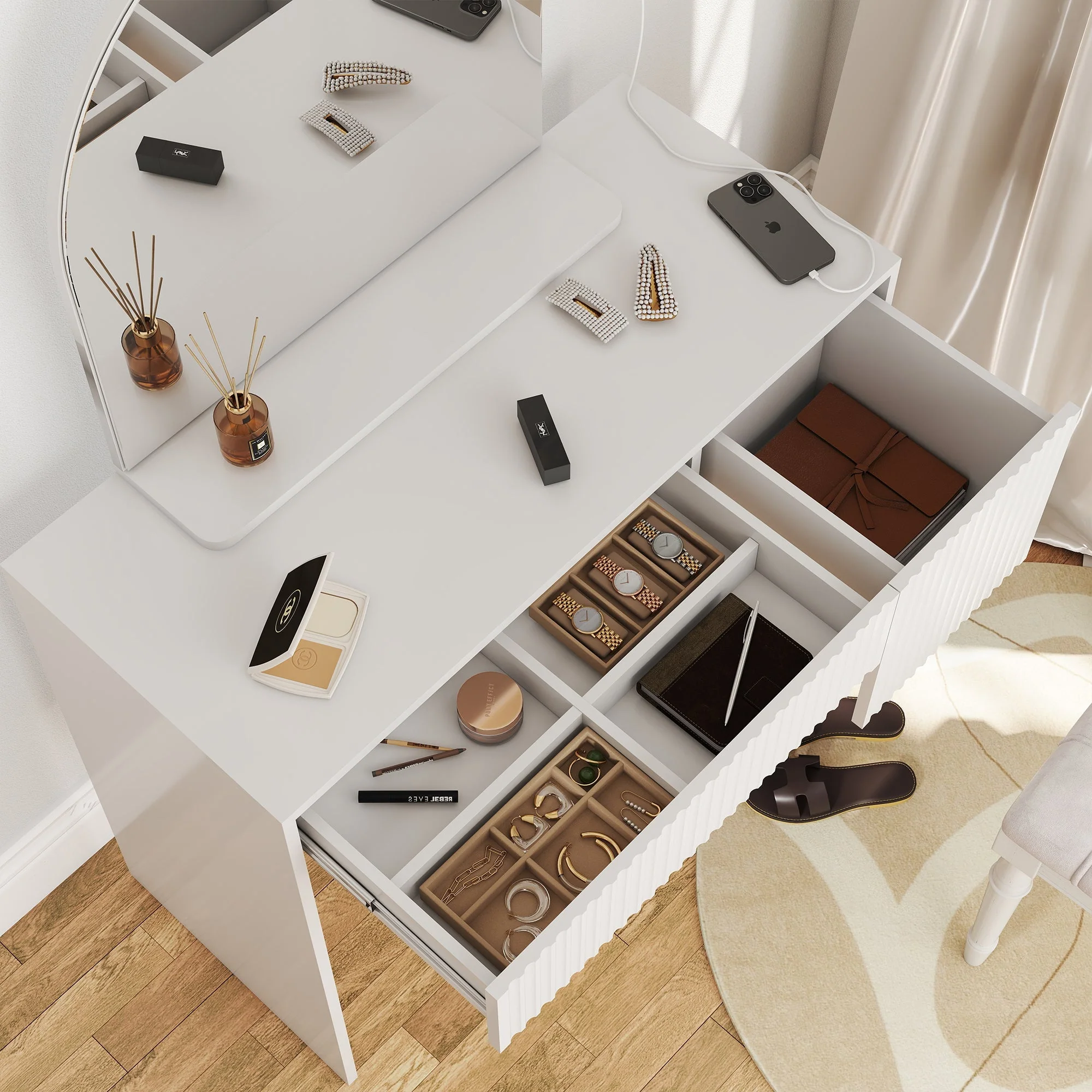 Dressing Table with Mirror, Drawers & Open Shelves - White - Image 5