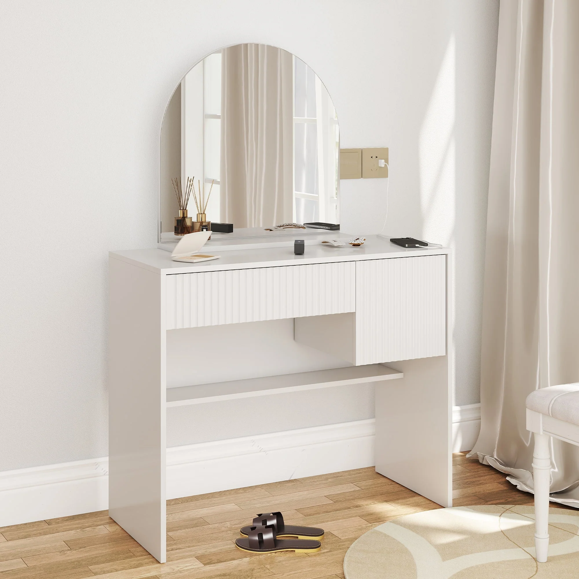 Dressing Table with Mirror, Drawers & Open Shelves - White - Image 6