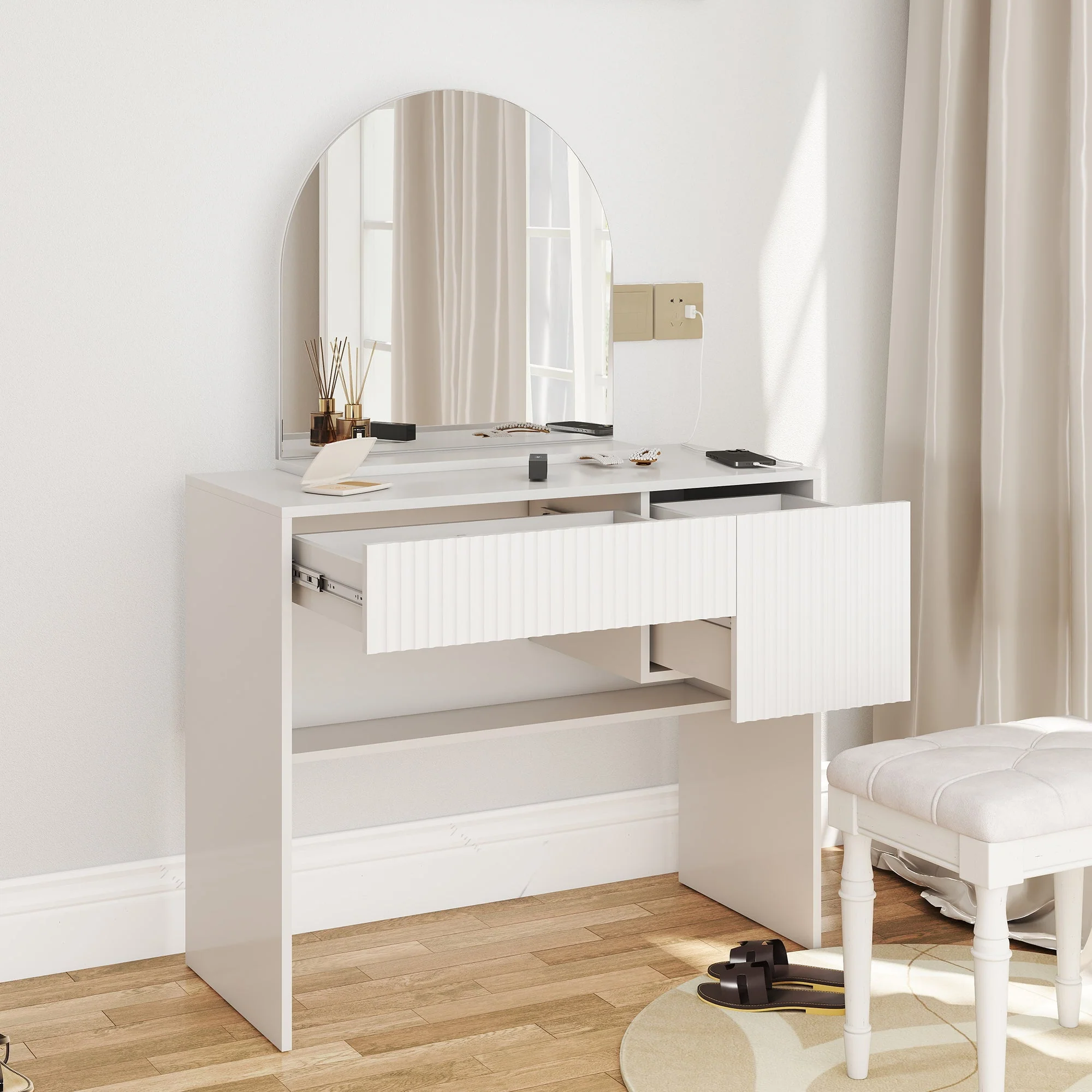 Dressing Table with Mirror, Drawers & Open Shelves - White - Image 8
