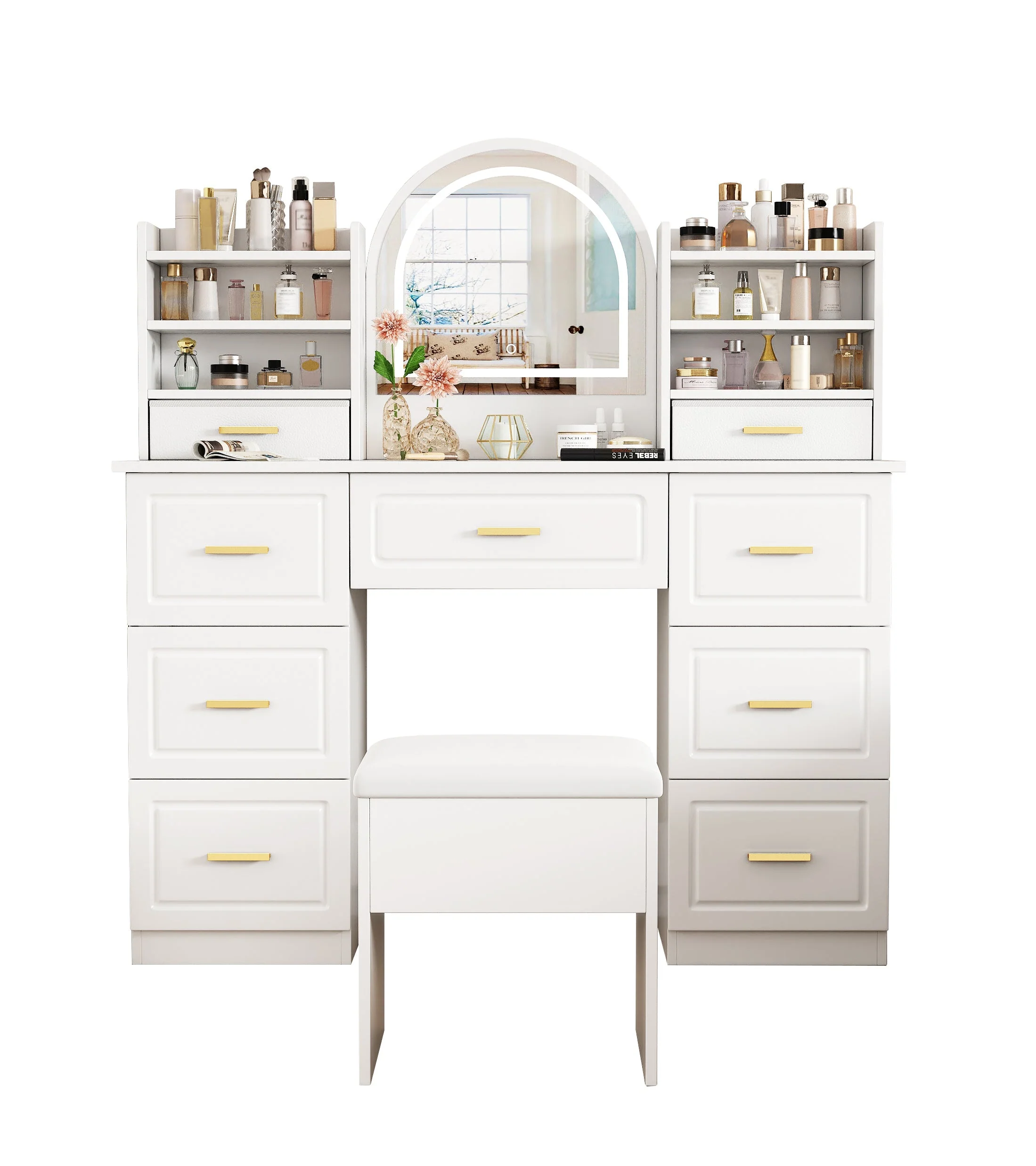 Dressing table with mirror, LED lighting, 9 drawers, white - Image 3