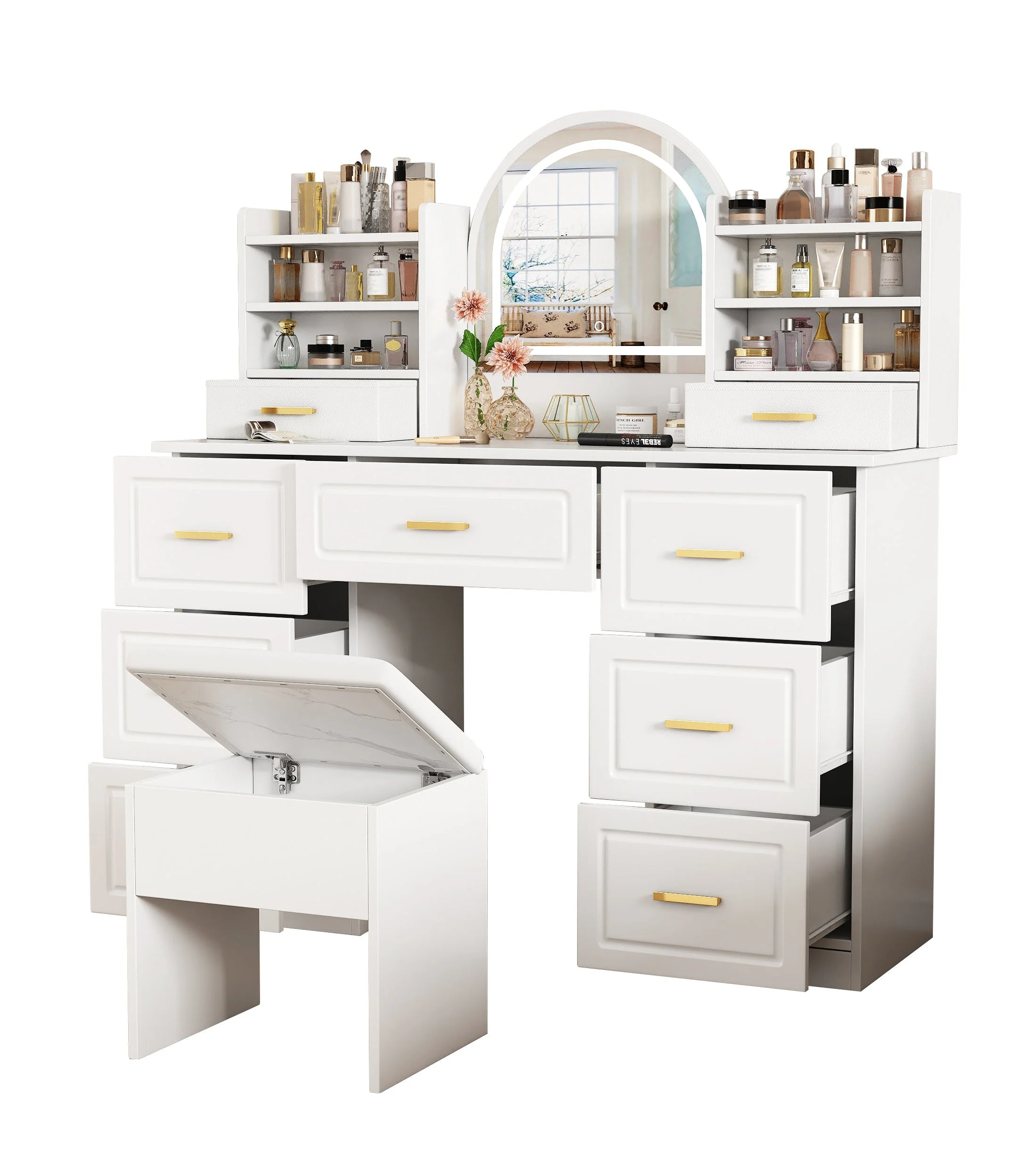 Dressing table with mirror, LED lighting, 9 drawers, white - Image 4
