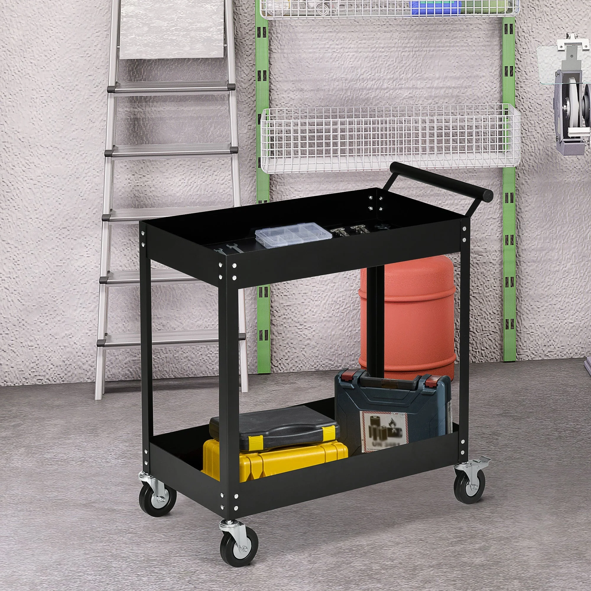 DURHAND 2-tier workshop trolley, 150 kg load capacity, steel black - Image 2