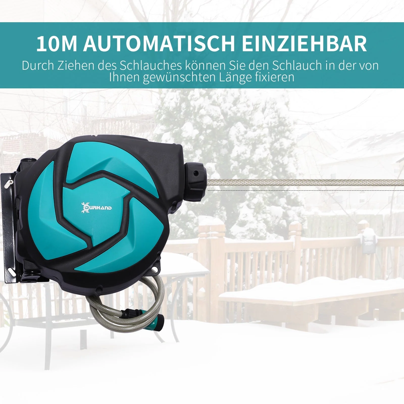 DURHAND wall-mounted hose reel 10m swiveling 180° with multi-spray, plastic green black - Image 5