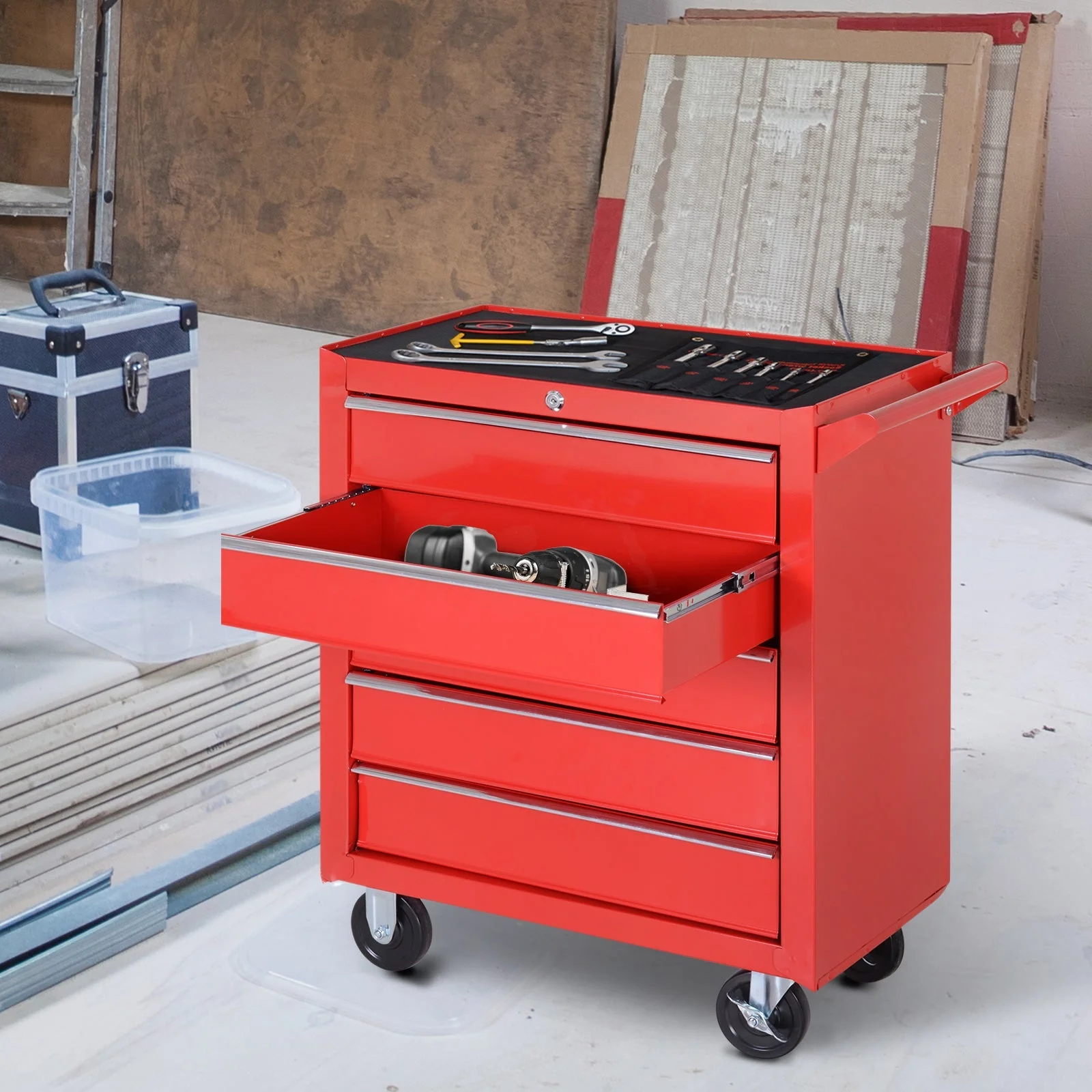 DURHAND Workshop Trolley, 5 Drawers, Lockable, Mobile, 150 kg, Steel Red - Image 2