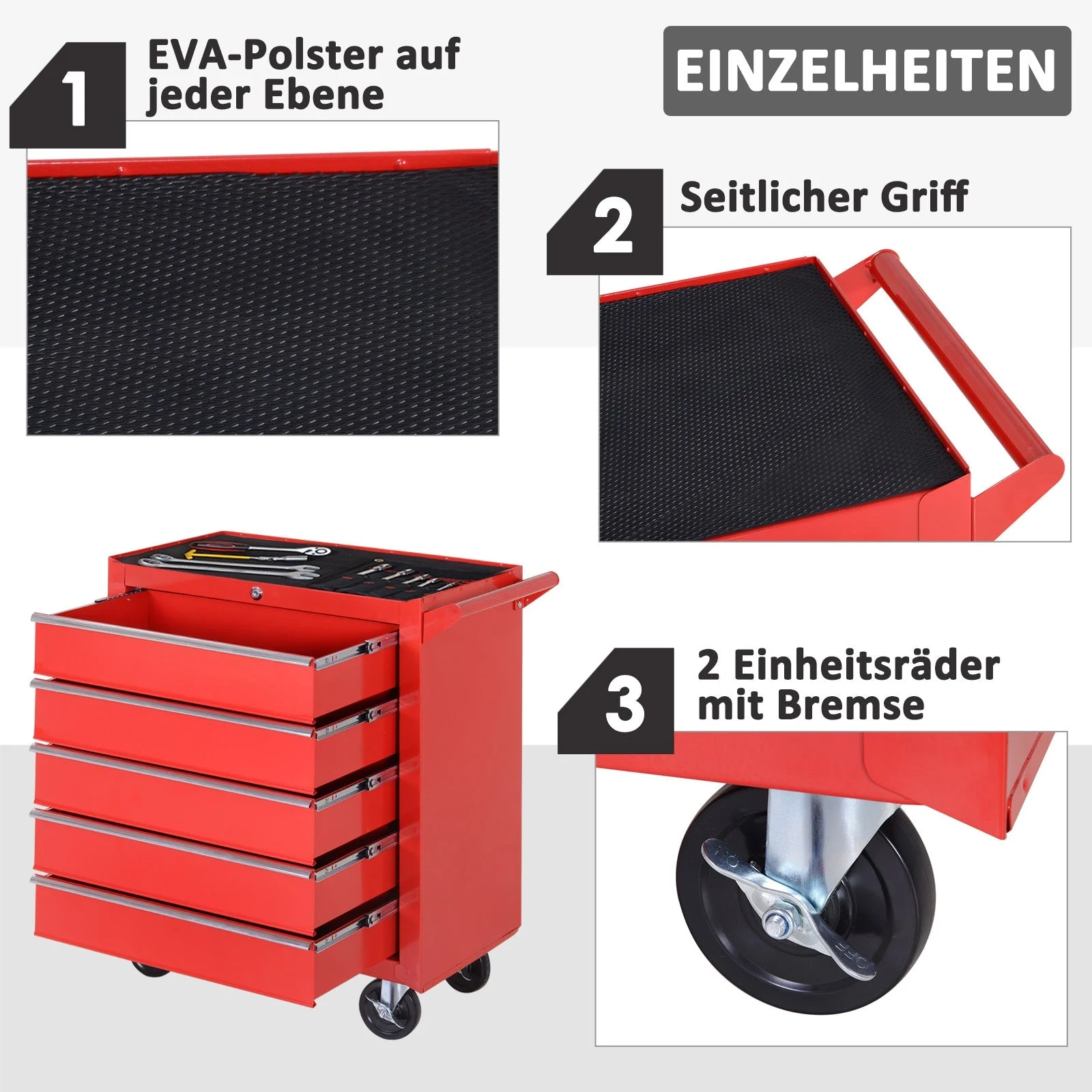 DURHAND Workshop Trolley, 5 Drawers, Lockable, Mobile, 150 kg, Steel Red - Image 5