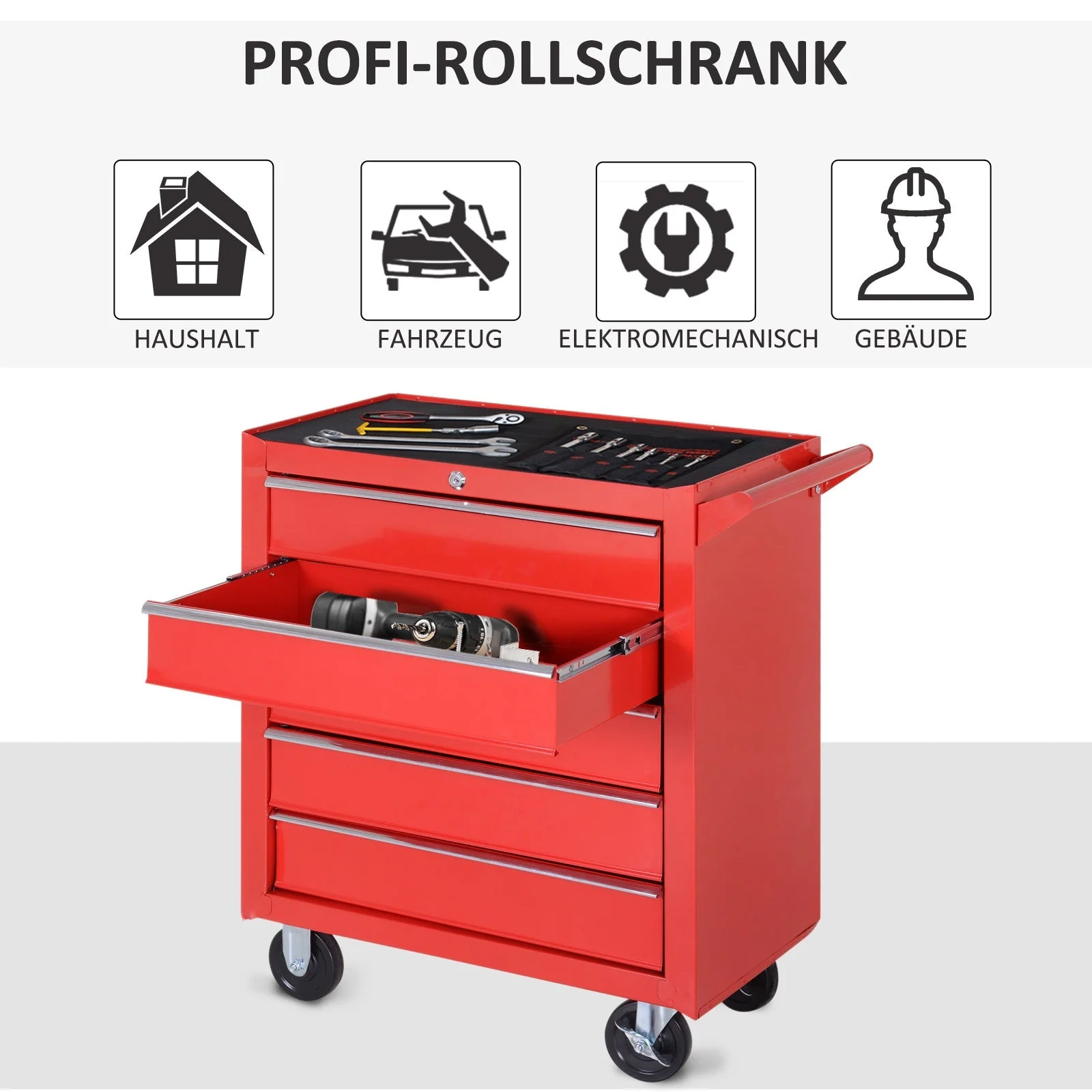 DURHAND Workshop Trolley, 5 Drawers, Lockable, Mobile, 150 kg, Steel Red - Image 6